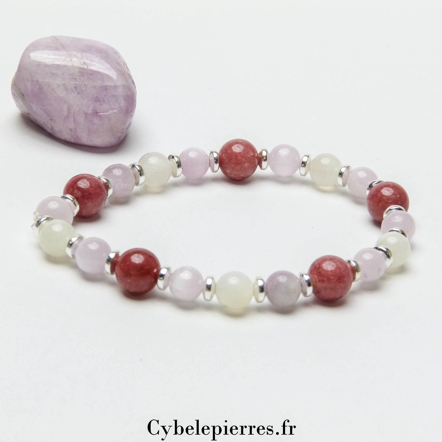Bracelet Lady - Thulite, Kunzite et Pierre de Lune Blanche (6 et 8mm) - 18cm | Douceur et Harmonie - Cybele Pierres