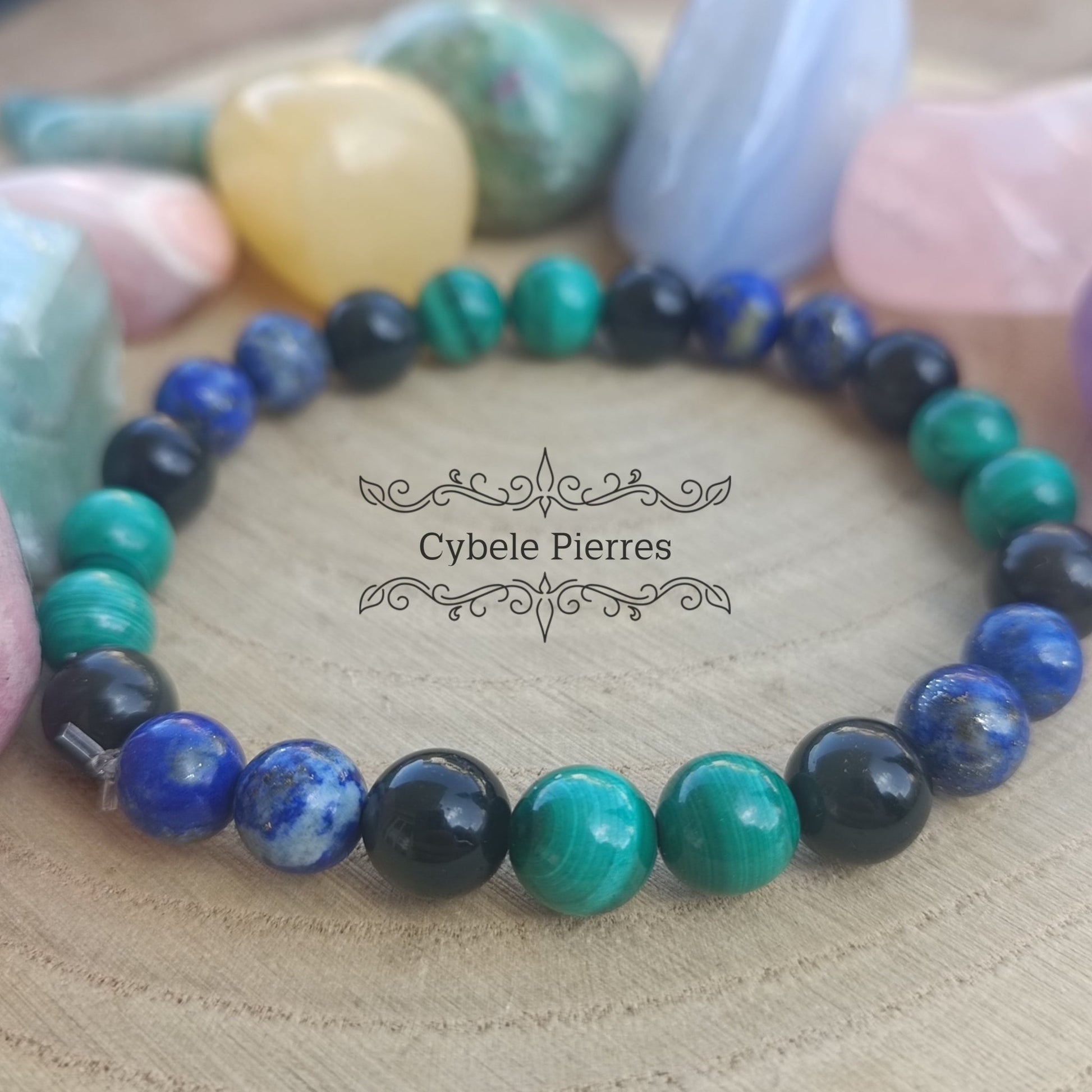 Bracelet Le guide - Obsidienne Oeil Céleste, Lapis - Lazuli et Malachite (8mm) - 19cm - Cybele Pierres