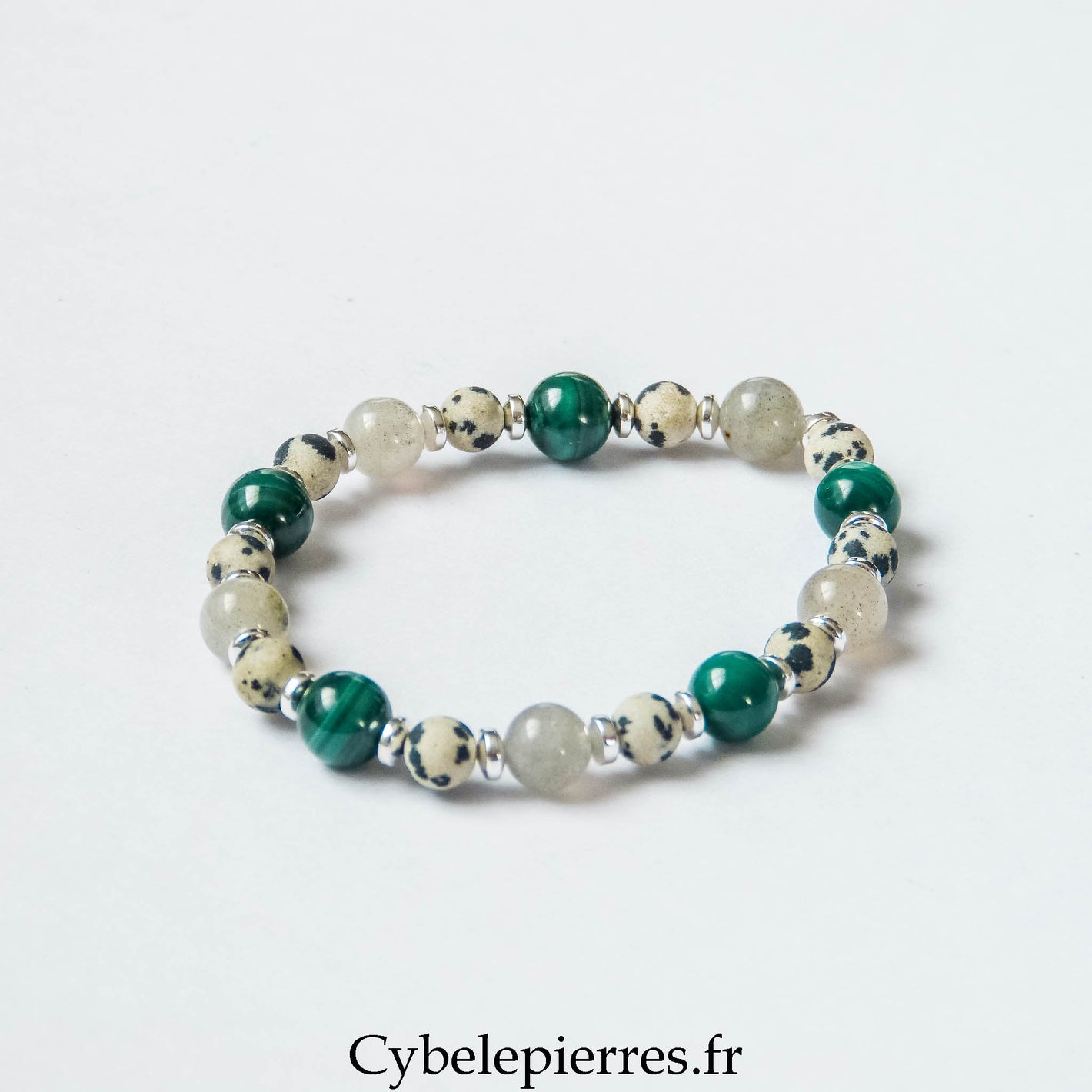 Bracelet L’Interdit – Malachite, Labradorite et Jaspe Dalmatien (6 et 8 mm) – 18 cm | Protection, Confiance et Transformation - Cybele Pierres