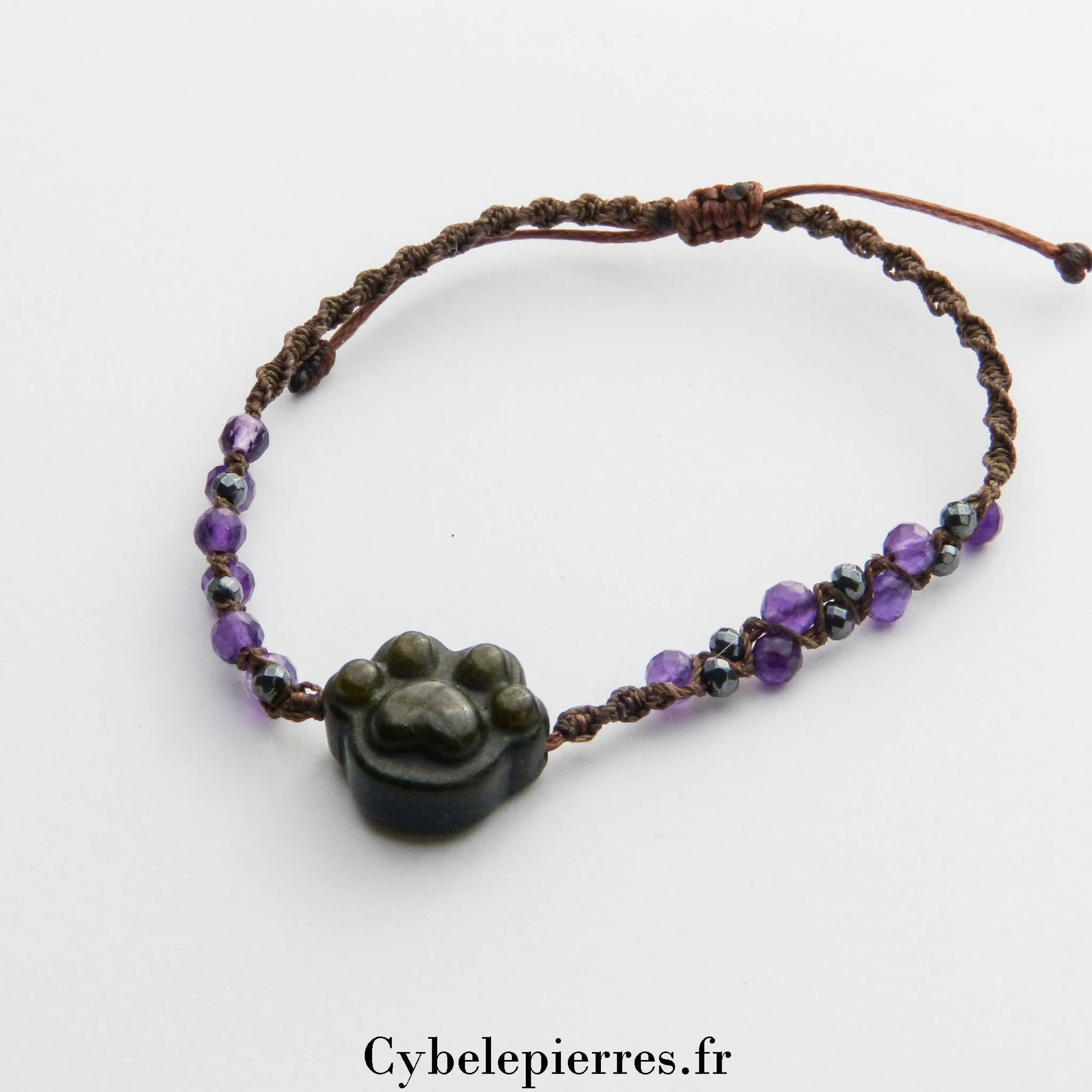 Bracelet macramé réglable - Améthyste facettée (4mm) et breloque patoune en Obsidienne dorée (2cm) | Sérénité et Protection - Cybele Pierres