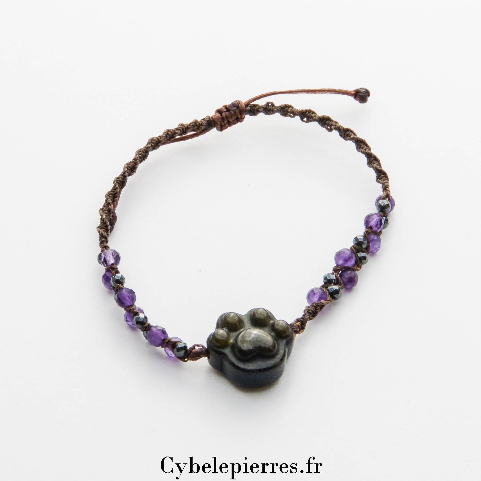 Bracelet macramé réglable - Améthyste facettée (4mm) et breloque patoune en Obsidienne dorée (2cm) | Sérénité et Protection - Cybele Pierres