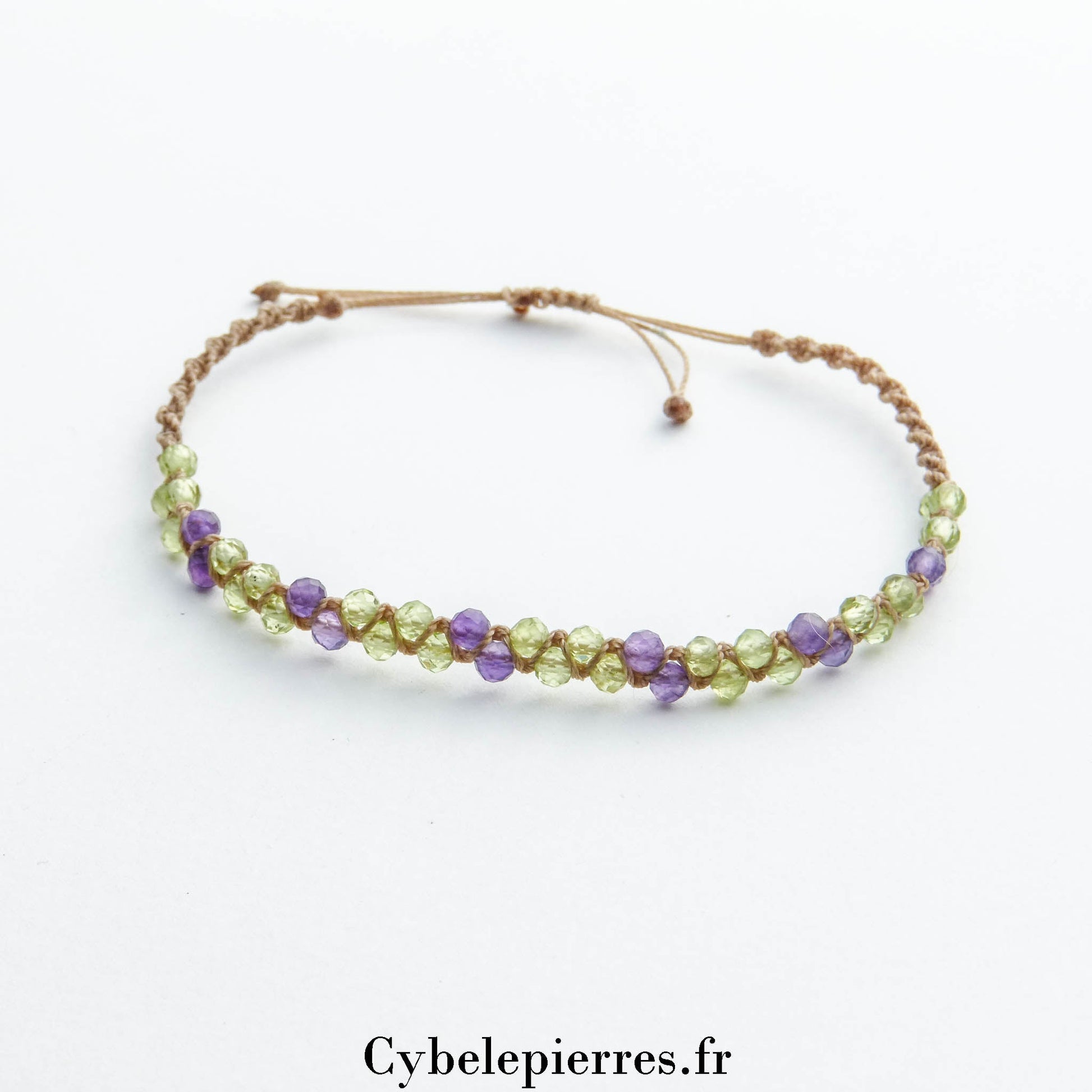 Bracelet macramé réglable - Péridot et Améthyste facettés (3mm) | Équilibre et Vitalité - Cybele Pierres