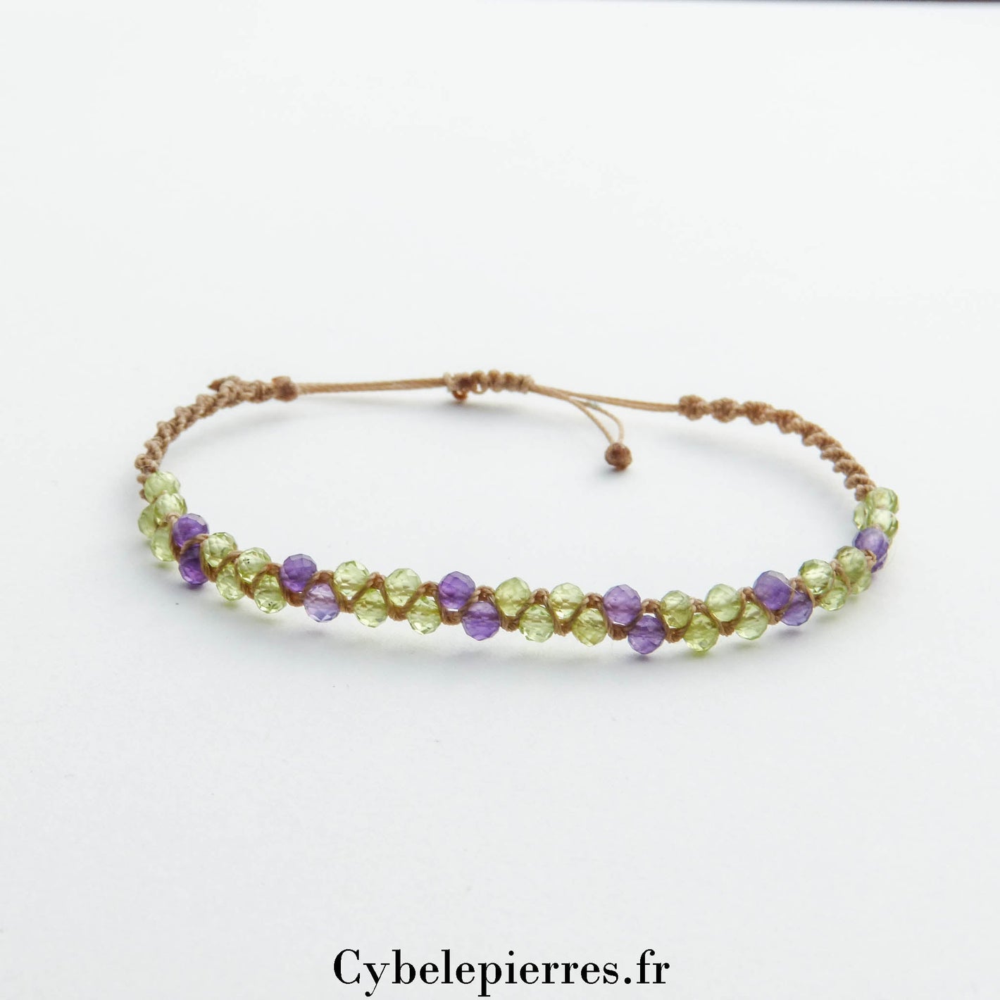 Bracelet macramé réglable - Péridot et Améthyste facettés (3mm) | Équilibre et Vitalité - Cybele Pierres