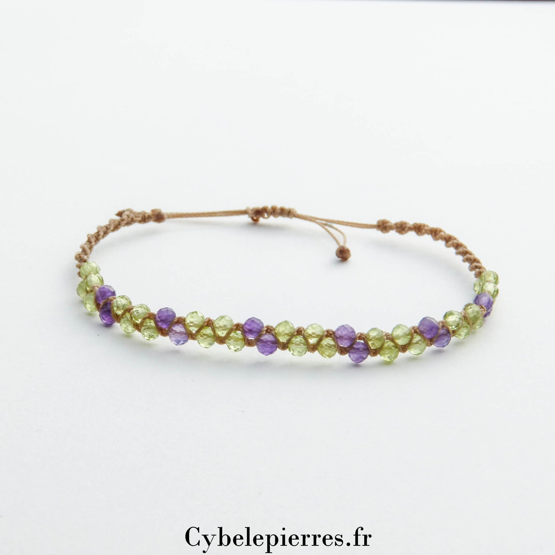 Bracelet macramé réglable - Péridot et Améthyste facettés (3mm) | Équilibre et Vitalité - Cybele Pierres