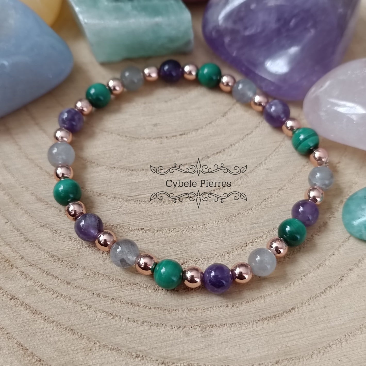 Bracelet Malachite, Labradorite et Améthyste (6mm) - 18cm - Cybele Pierres