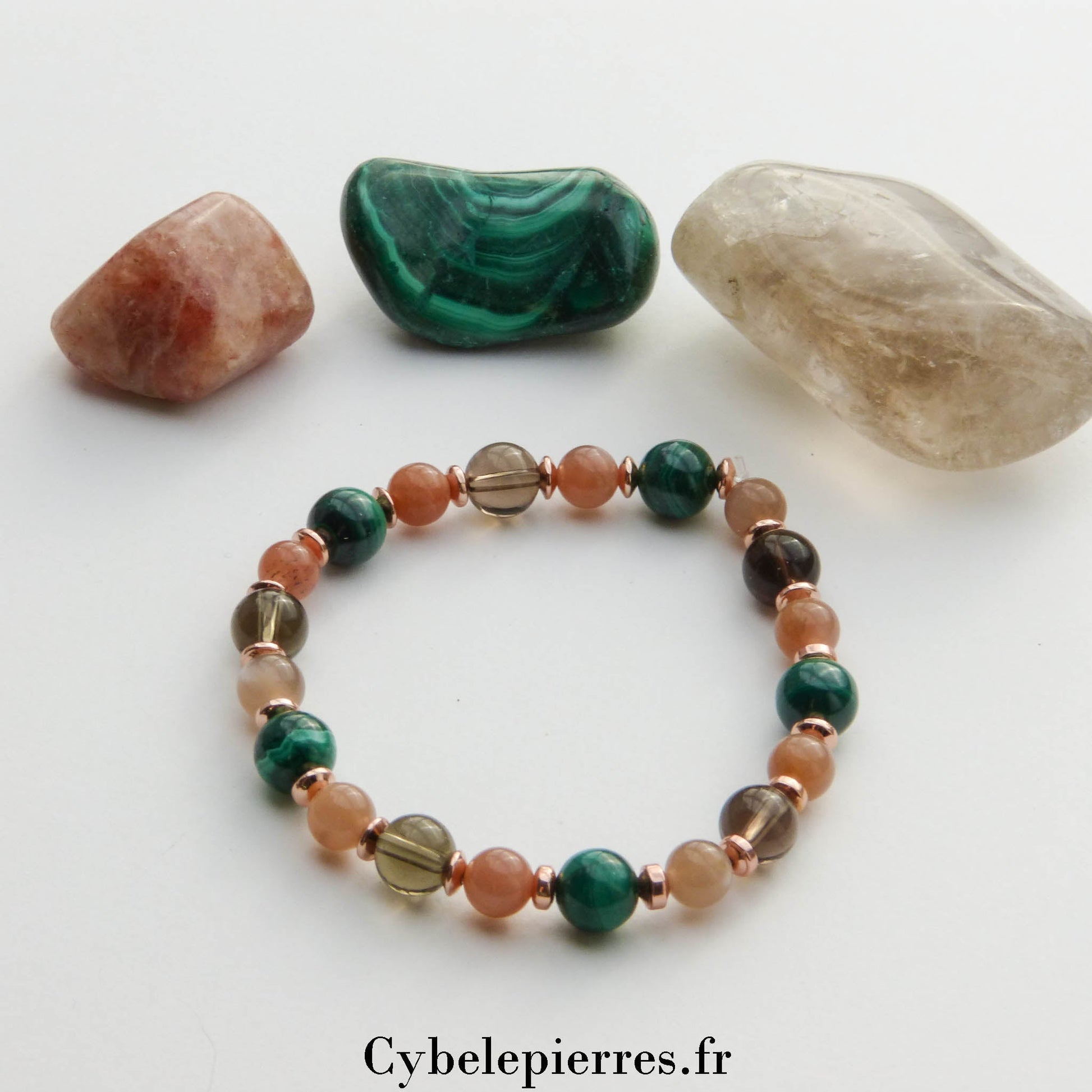 Bracelet Malachite, Quartz Fumé (8mm) et Pierre de Soleil (6mm) – 18cm | Protection et Vitalité - Cybele Pierres