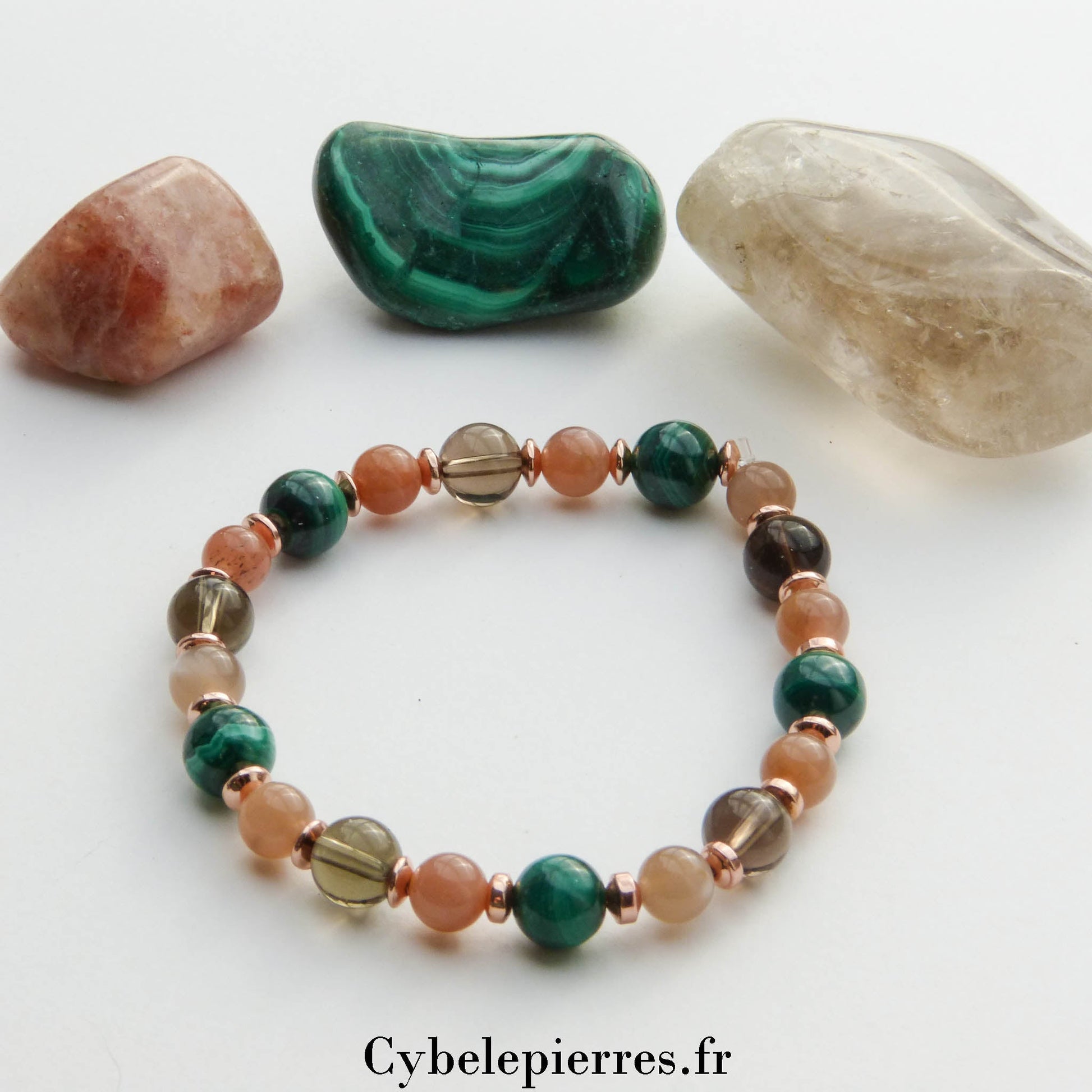 Bracelet Malachite, Quartz Fumé (8mm) et Pierre de Soleil (6mm) – 18cm | Protection et Vitalité - Cybele Pierres
