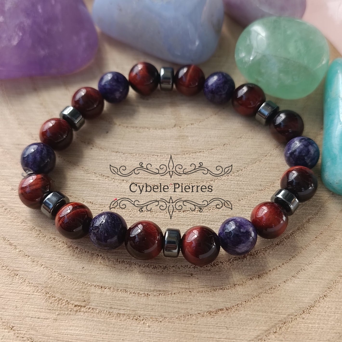 Bracelet Méditation - Oeil de taureau et Charoïte (8mm) - 17cm - Cybele Pierres