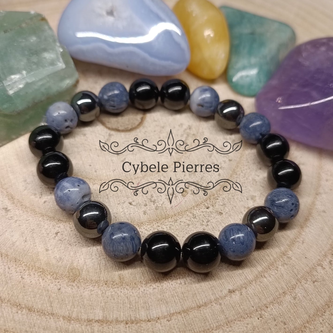 Bracelet Mer Bleue - Hématite, Tourmaline et Corail bleu (8mm) - 16cm - Cybele Pierres