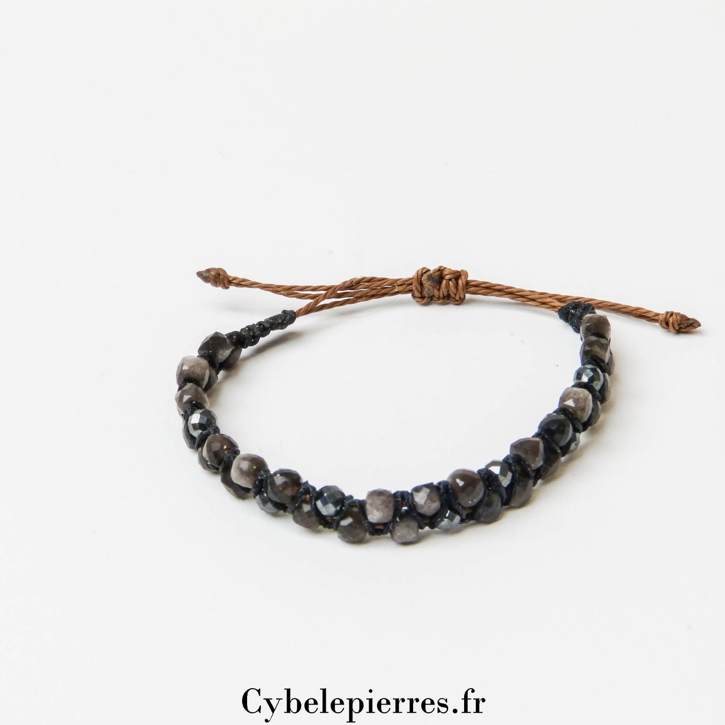Bracelet Micro - macramé Obsidienne Argentée Carré Facetté | Élégance et Protection - Cybele Pierres