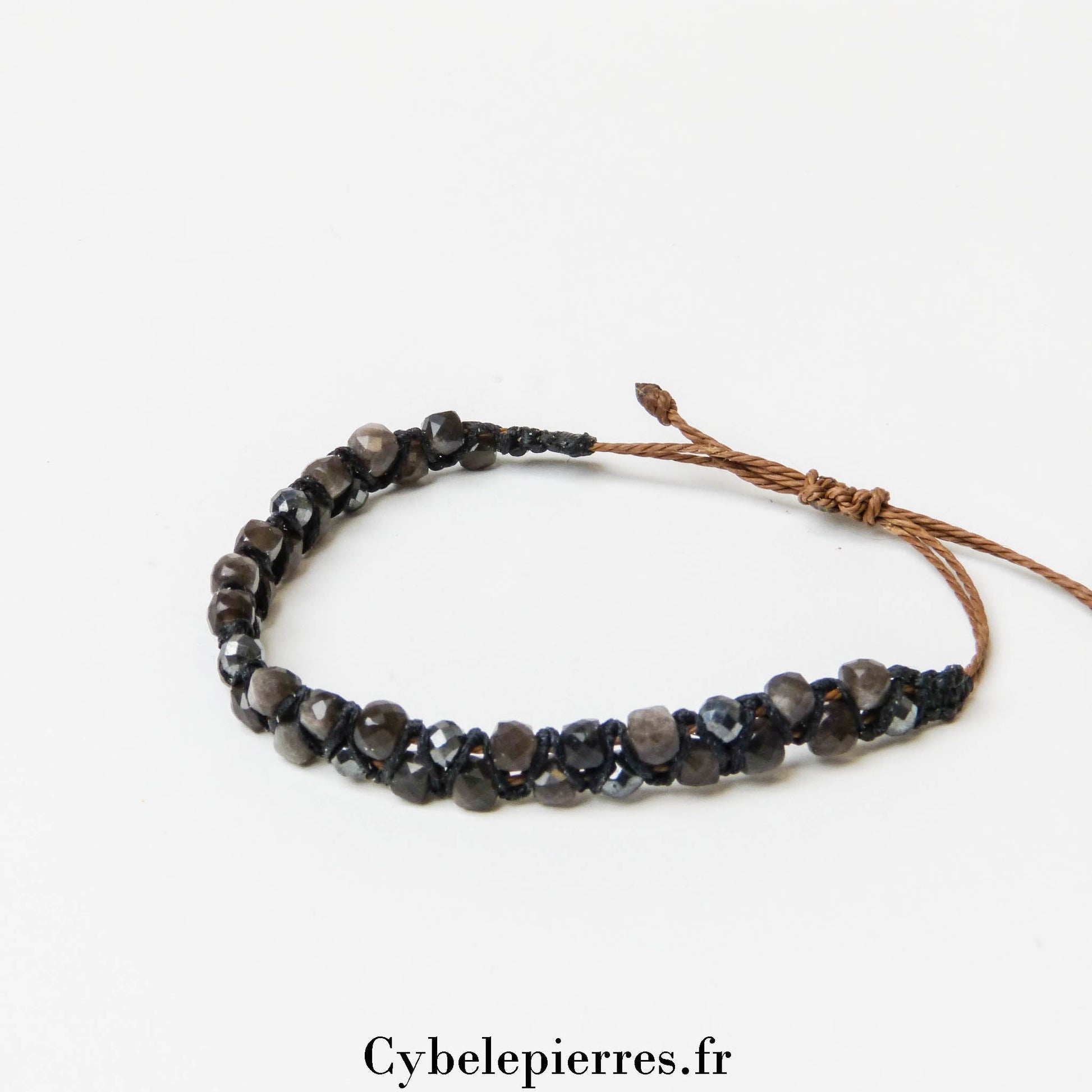 Bracelet Micro - macramé Obsidienne Argentée Carré Facetté | Élégance et Protection - Cybele Pierres