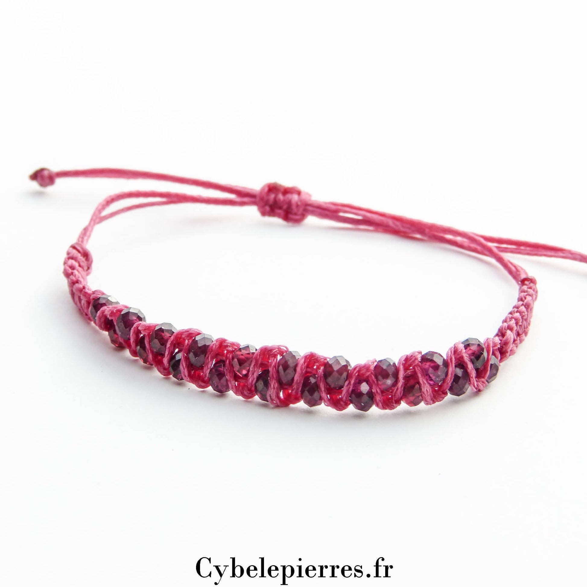 Bracelet micromacramé réglable - Grenat facetté (3mm) | Vitalité et Passion - Cybele Pierres