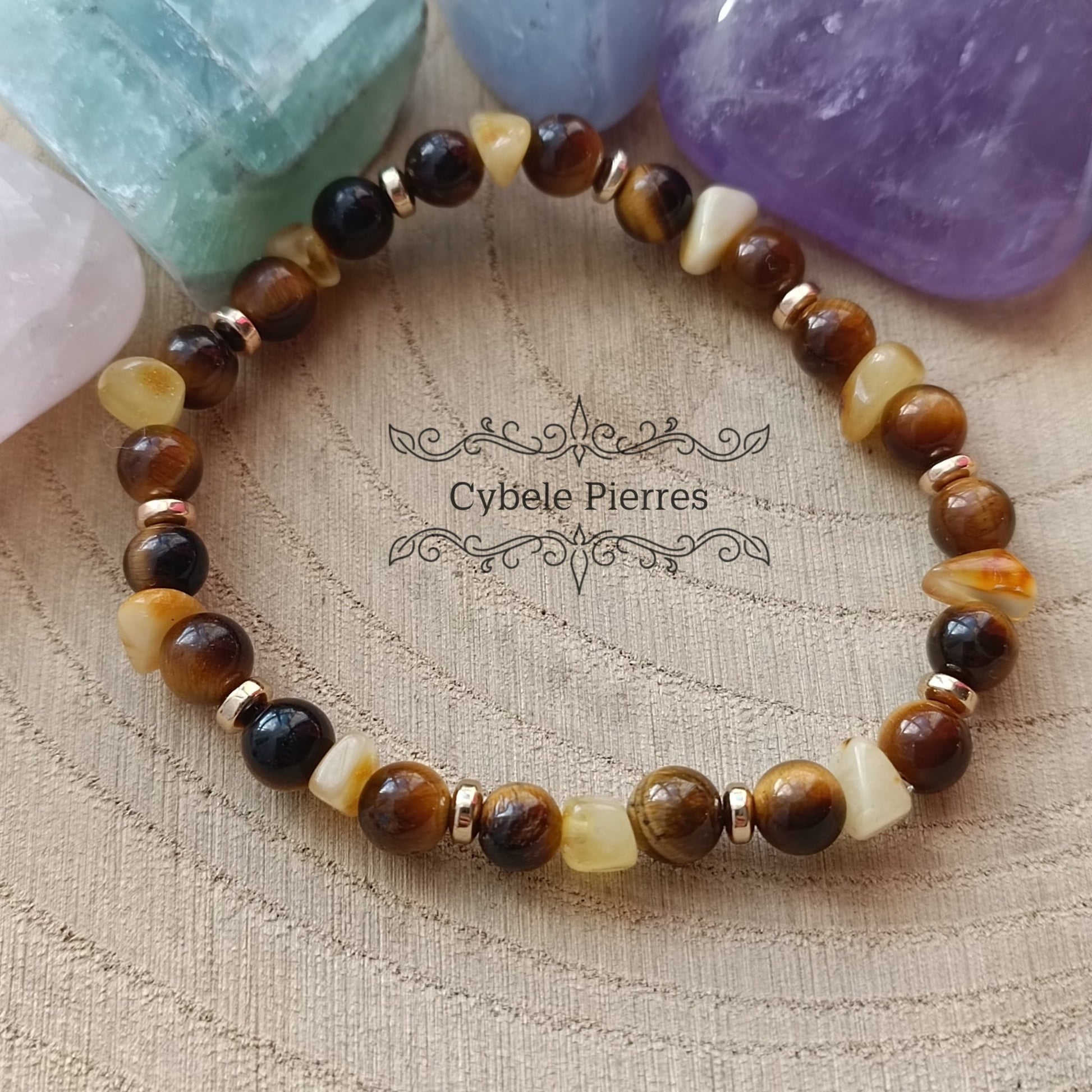 Bracelet Miel - Ambre baroque et Oeil de tigre (4 et 6mm) - 18cm - Cybele Pierres