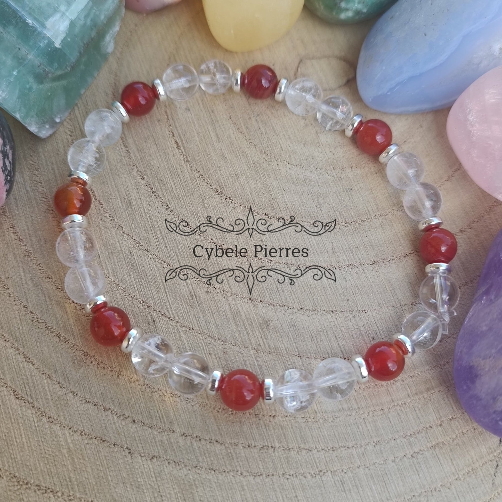Bracelet Motivation et force - Cristal de Roche et Cornaline (6mm) - 18cm - Cybele Pierres