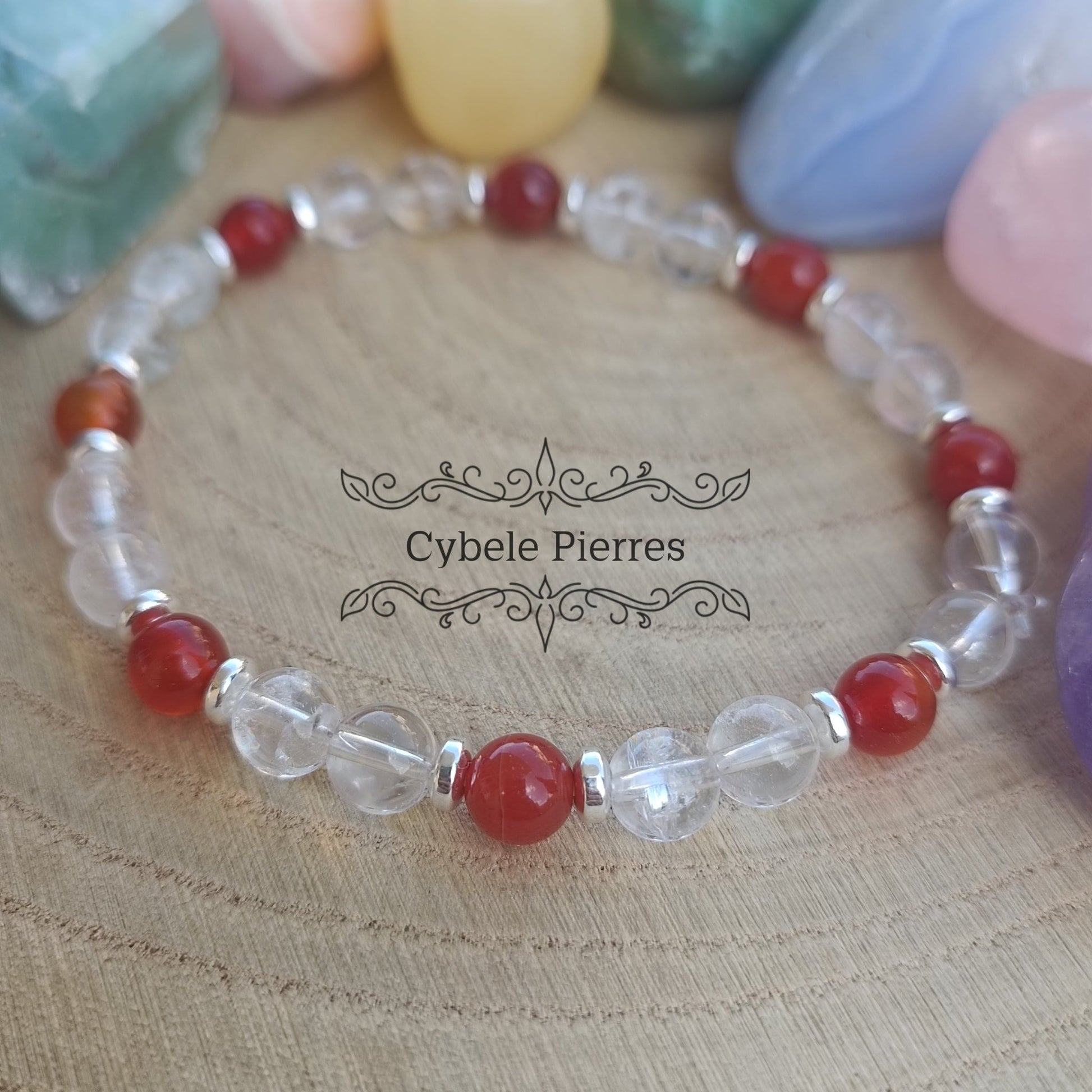 Bracelet Motivation et force - Cristal de Roche et Cornaline (6mm) - 18cm - Cybele Pierres