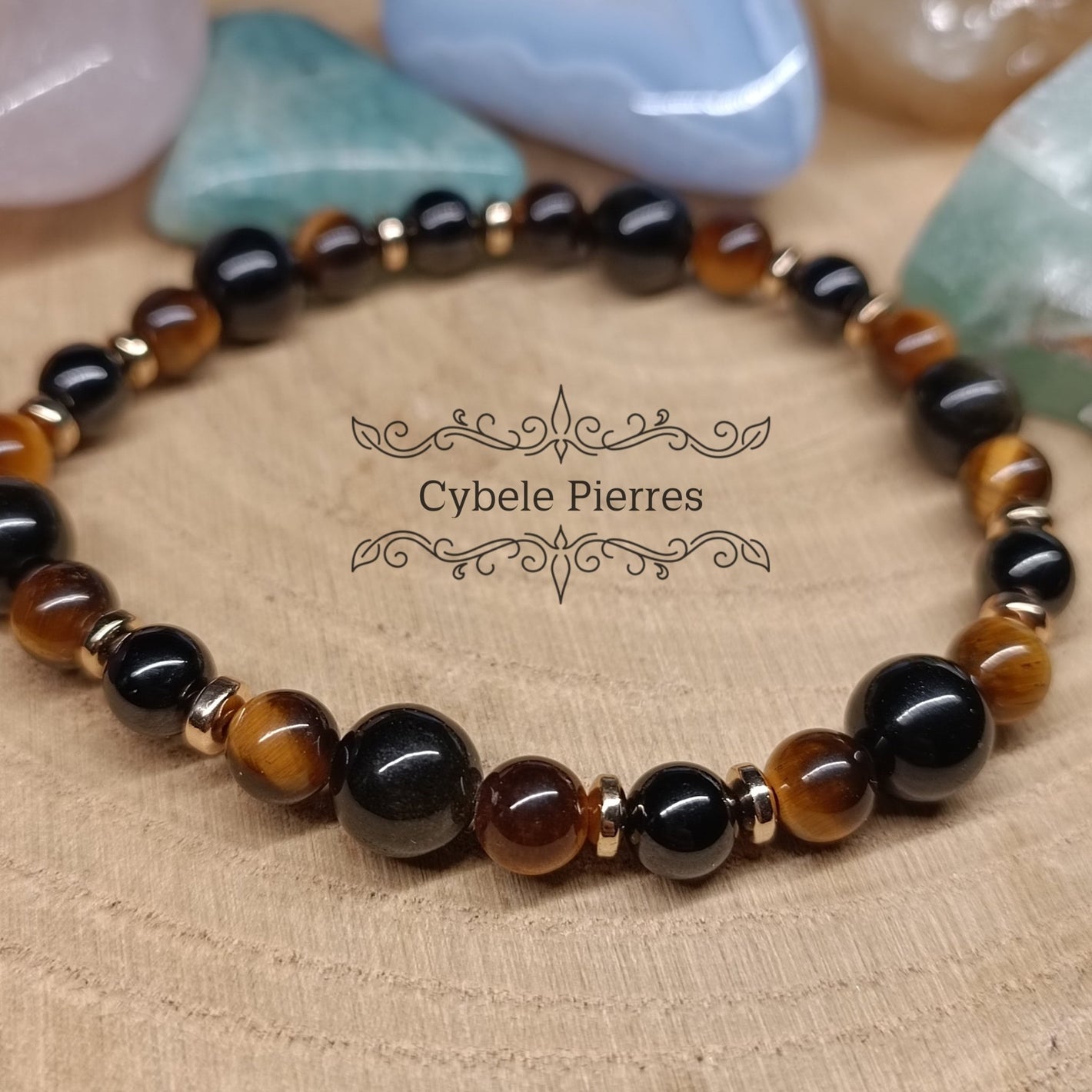 Bracelet Mystère doré - Oeil de tigre, Obsidienne dorée et Spinelle (8mm et 6mm) - 19cm - Cybele Pierres
