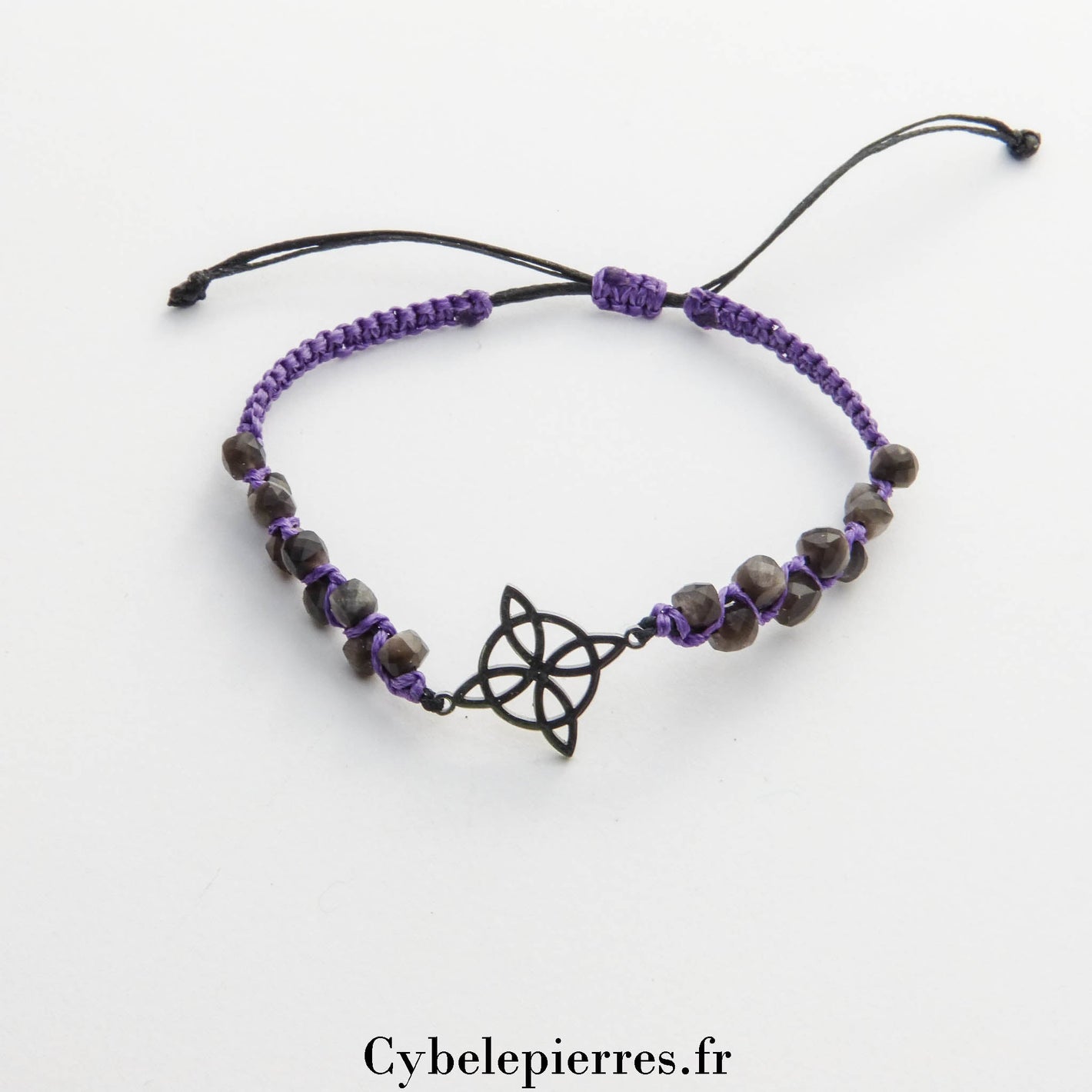 Bracelet - Obsidienne Argentée carrée facettée (4mm) & Noeud de Sorcière | Protection et Équilibre - Cybele Pierres