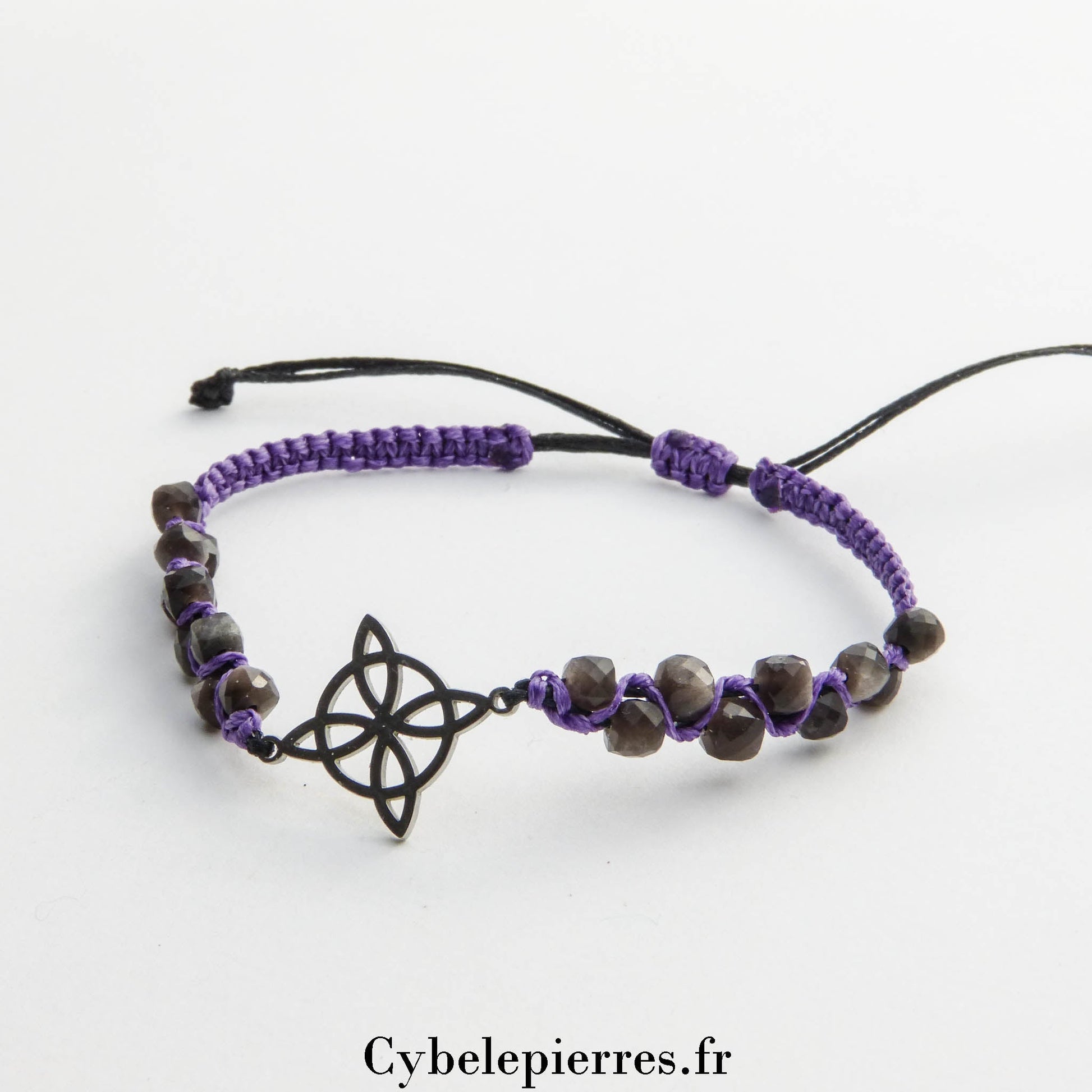 Bracelet - Obsidienne Argentée carrée facettée (4mm) & Noeud de Sorcière | Protection et Équilibre - Cybele Pierres