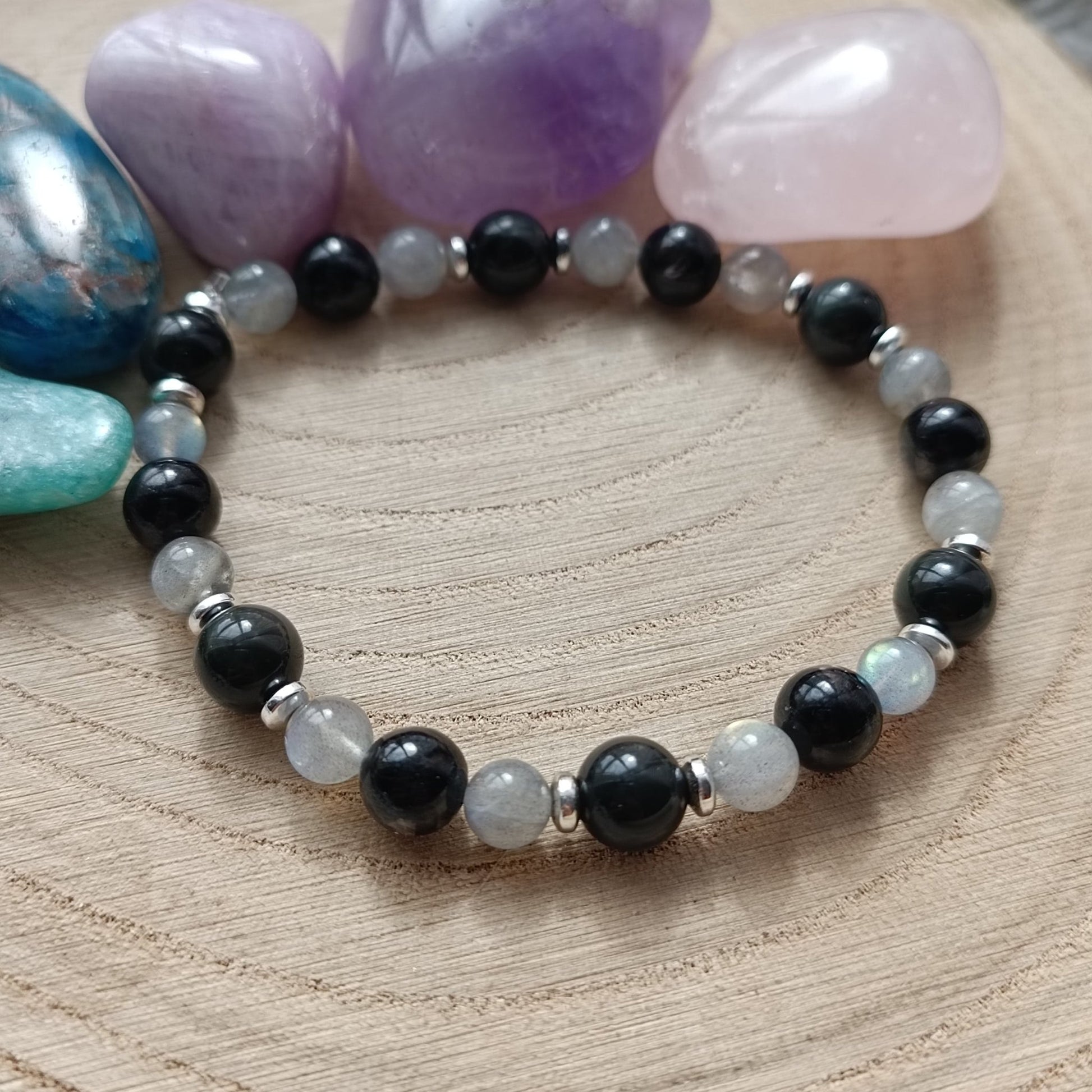 Bracelet Obsidienne Oeil de celeste, Hyperstène et Labradorite (6 et 8mm) - 19cm - Cybele Pierres