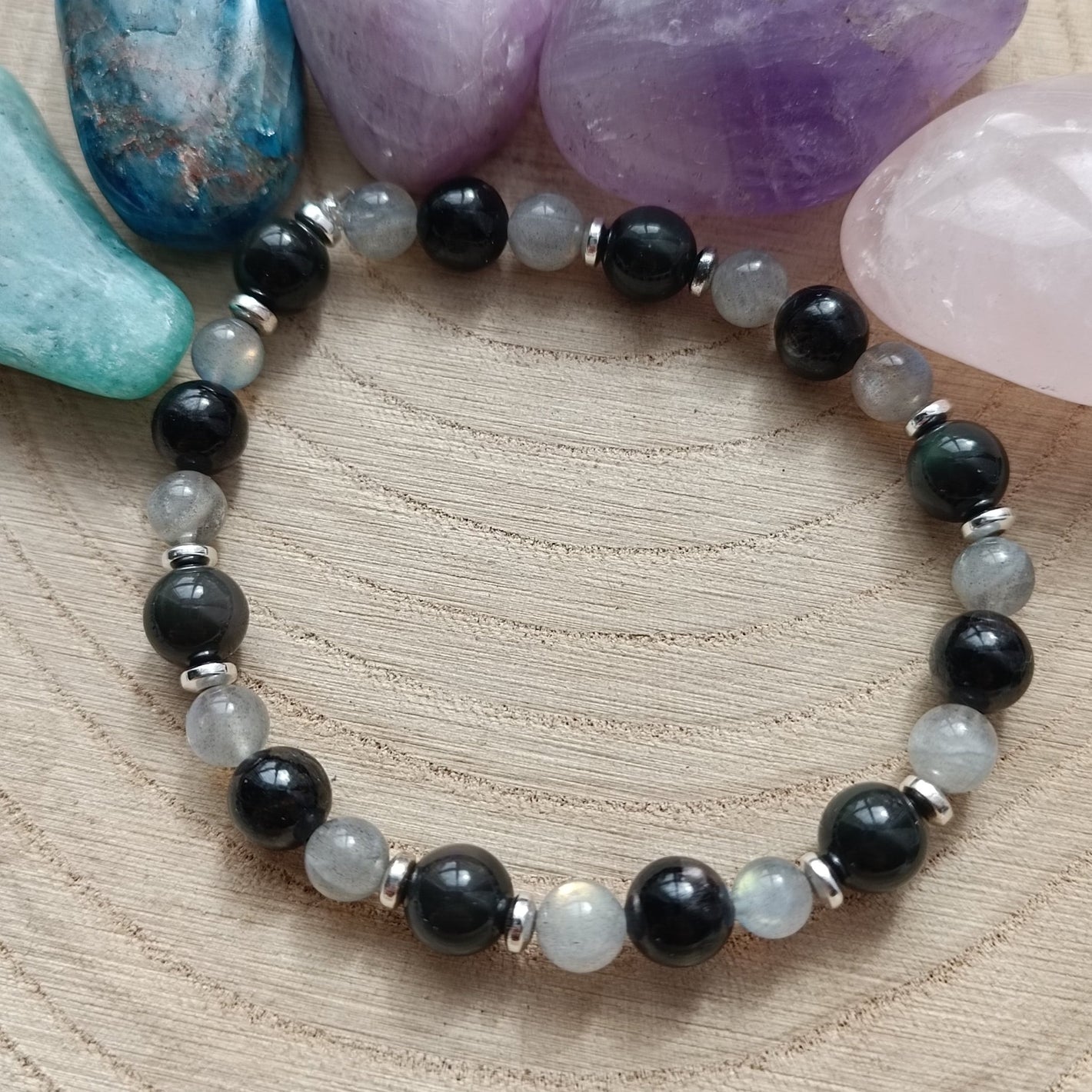 Bracelet Obsidienne Oeil de celeste, Hyperstène et Labradorite (6 et 8mm) - 19cm - Cybele Pierres