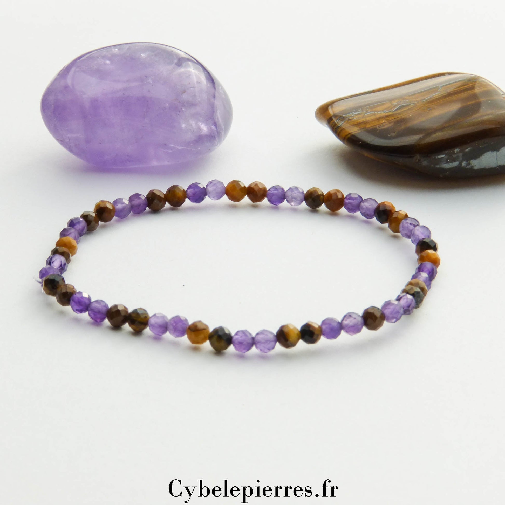 Bracelet Œil de Tigre et Améthyste facetté (3mm) – Protection et Énergie (17cm) - Cybele Pierres