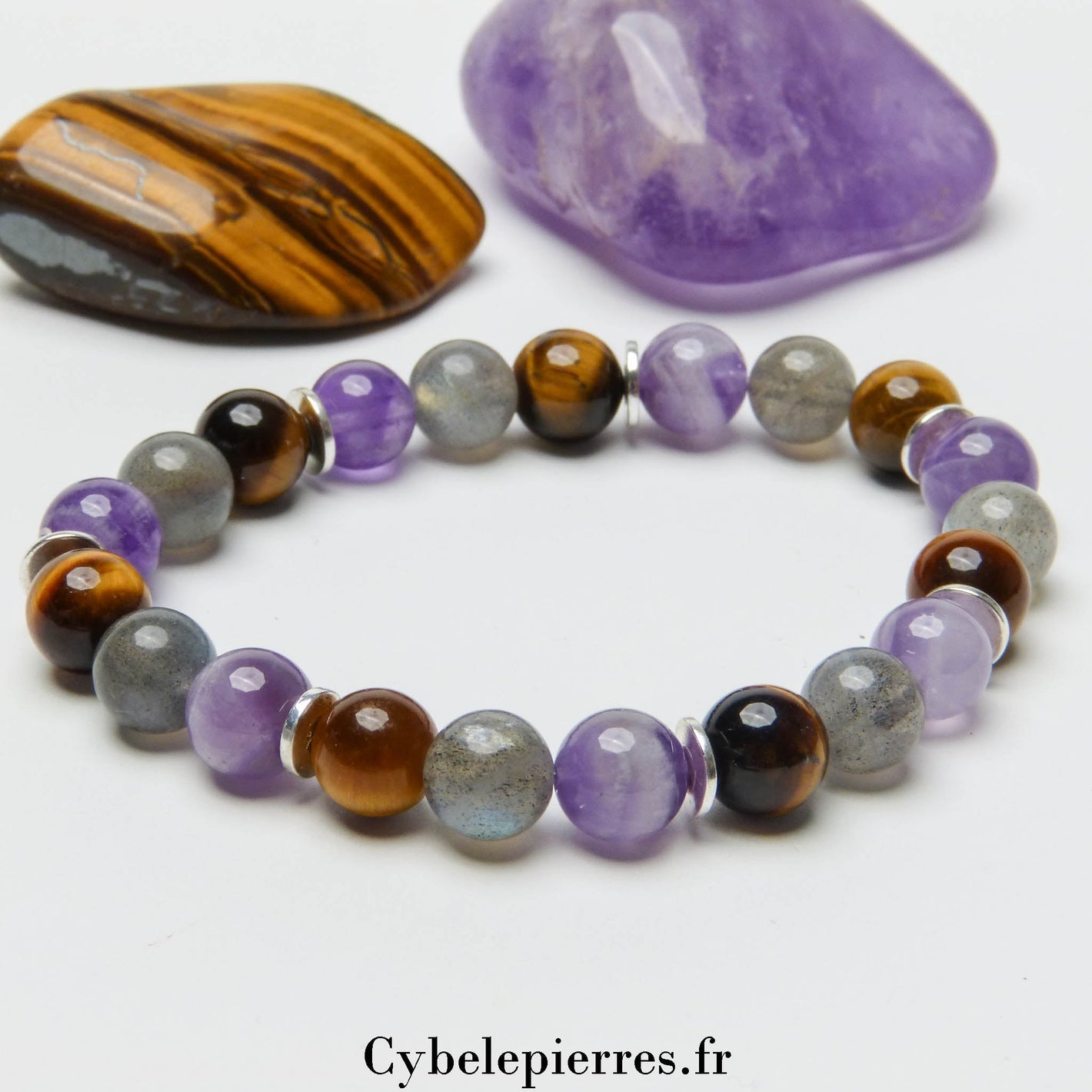 Bracelet Œil de Tigre, Labradorite et Améthyste (8mm) - 18cm | Protection et Intuition - Cybele Pierres