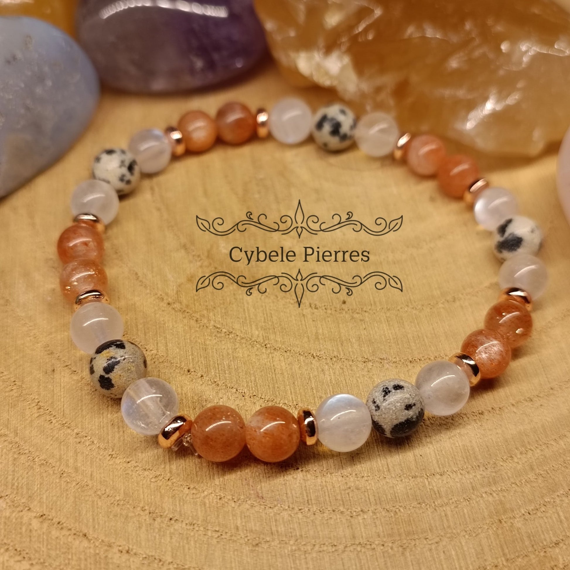 Bracelet On avance - Péristérite (Labradorite blanche), Pierre de Soleil et Jaspe dalmatien (6mm) - 18cm - Cybele Pierres