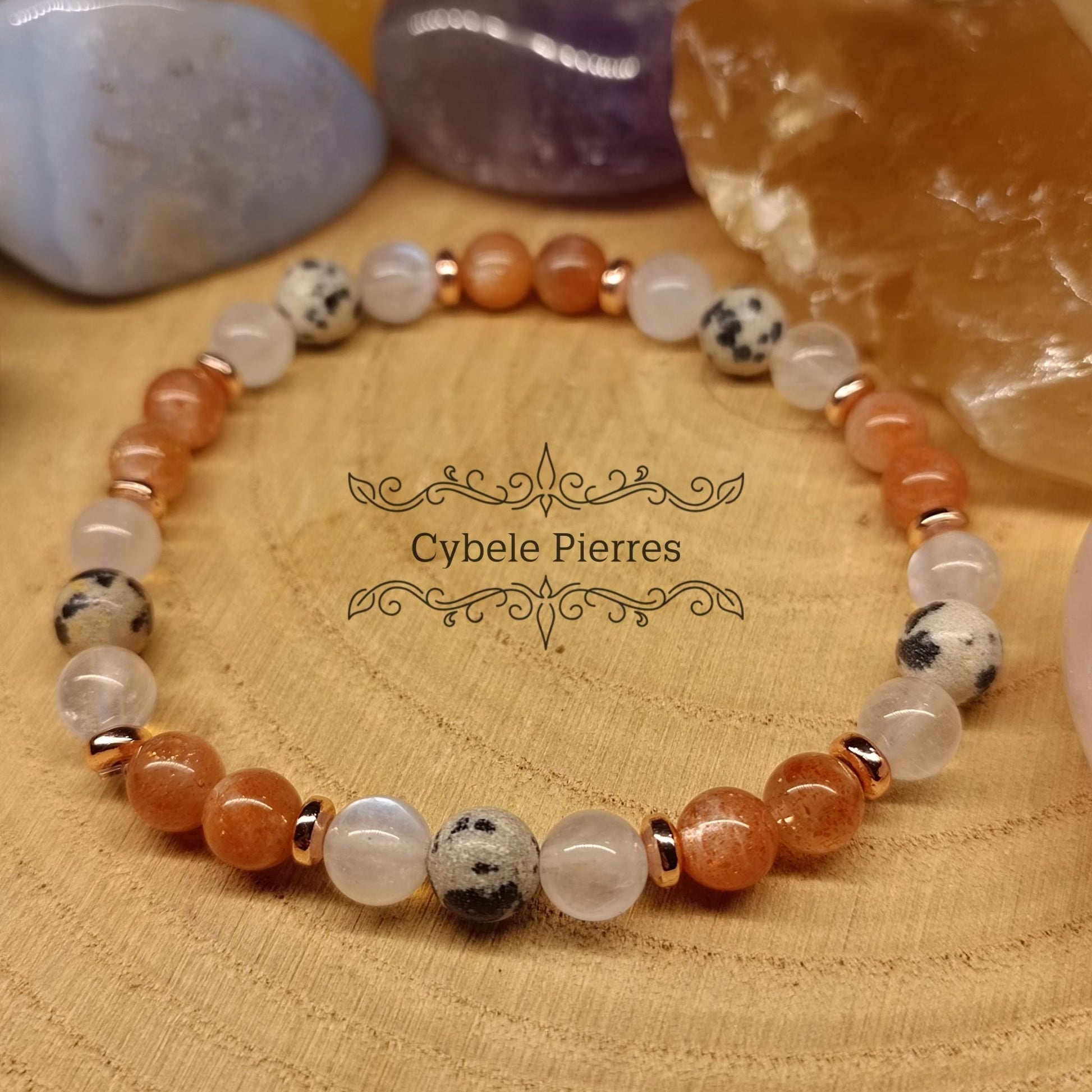 Bracelet On avance - Péristérite (Labradorite blanche), Pierre de Soleil et Jaspe dalmatien (6mm) - 18cm - Cybele Pierres