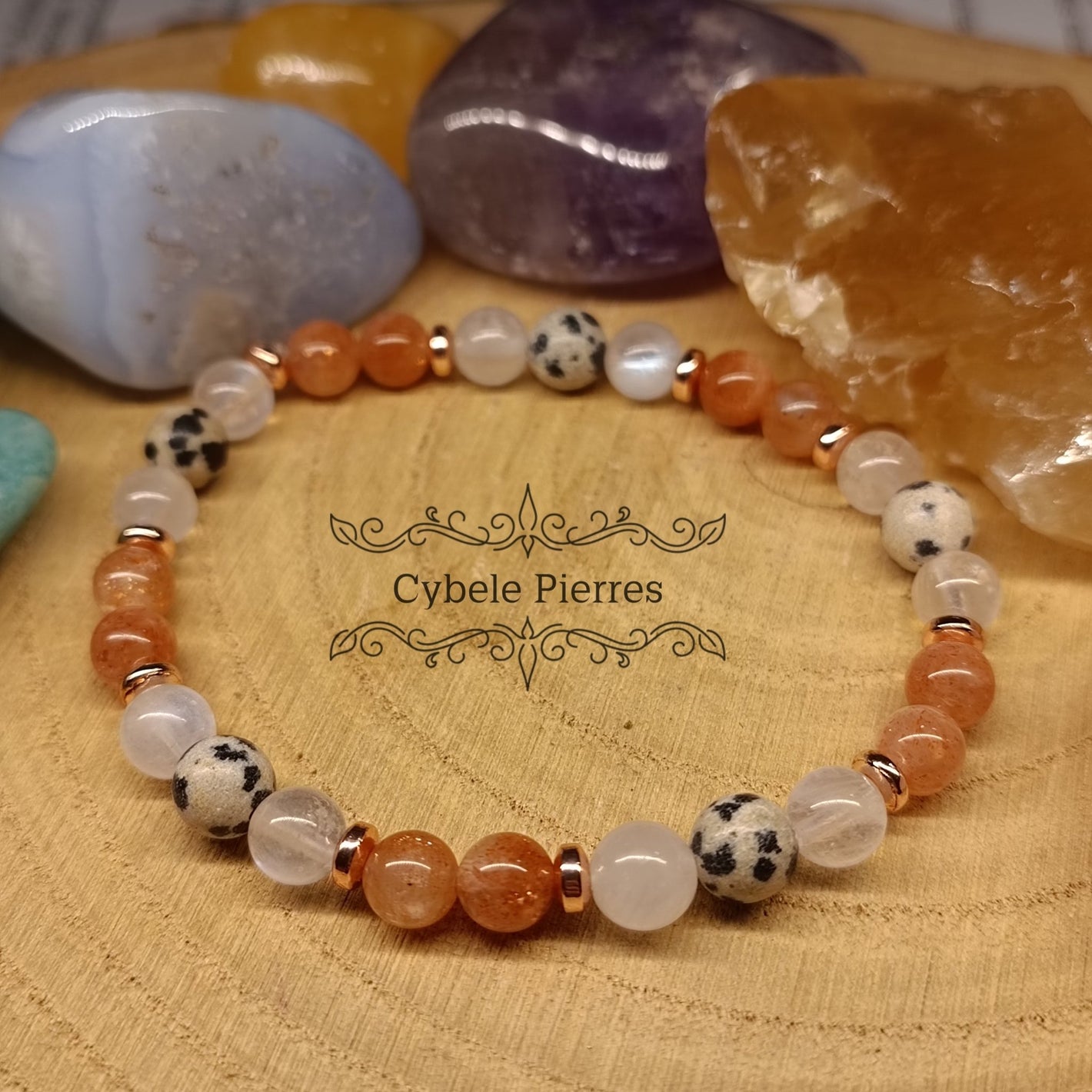 Bracelet On avance - Péristérite (Labradorite blanche), Pierre de Soleil et Jaspe dalmatien (6mm) - 18cm - Cybele Pierres