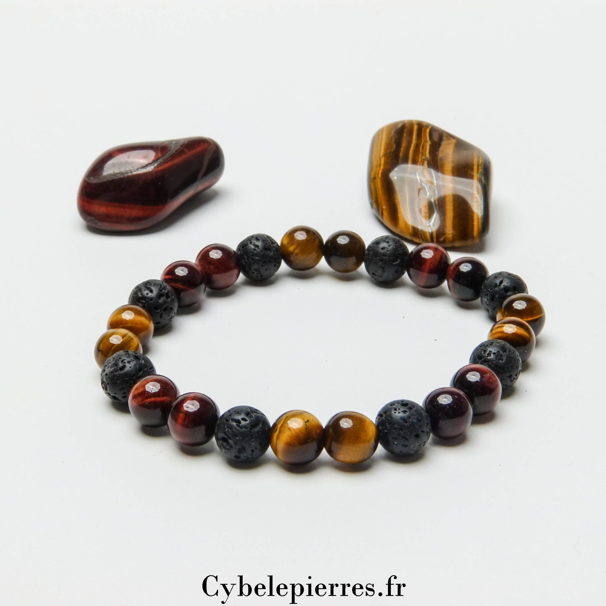 Bracelet Opportunités et Protection - Pierre de Lave, Oeil de tigre et Oeil de taureau (8mm) - 19cm - Cybele Pierres