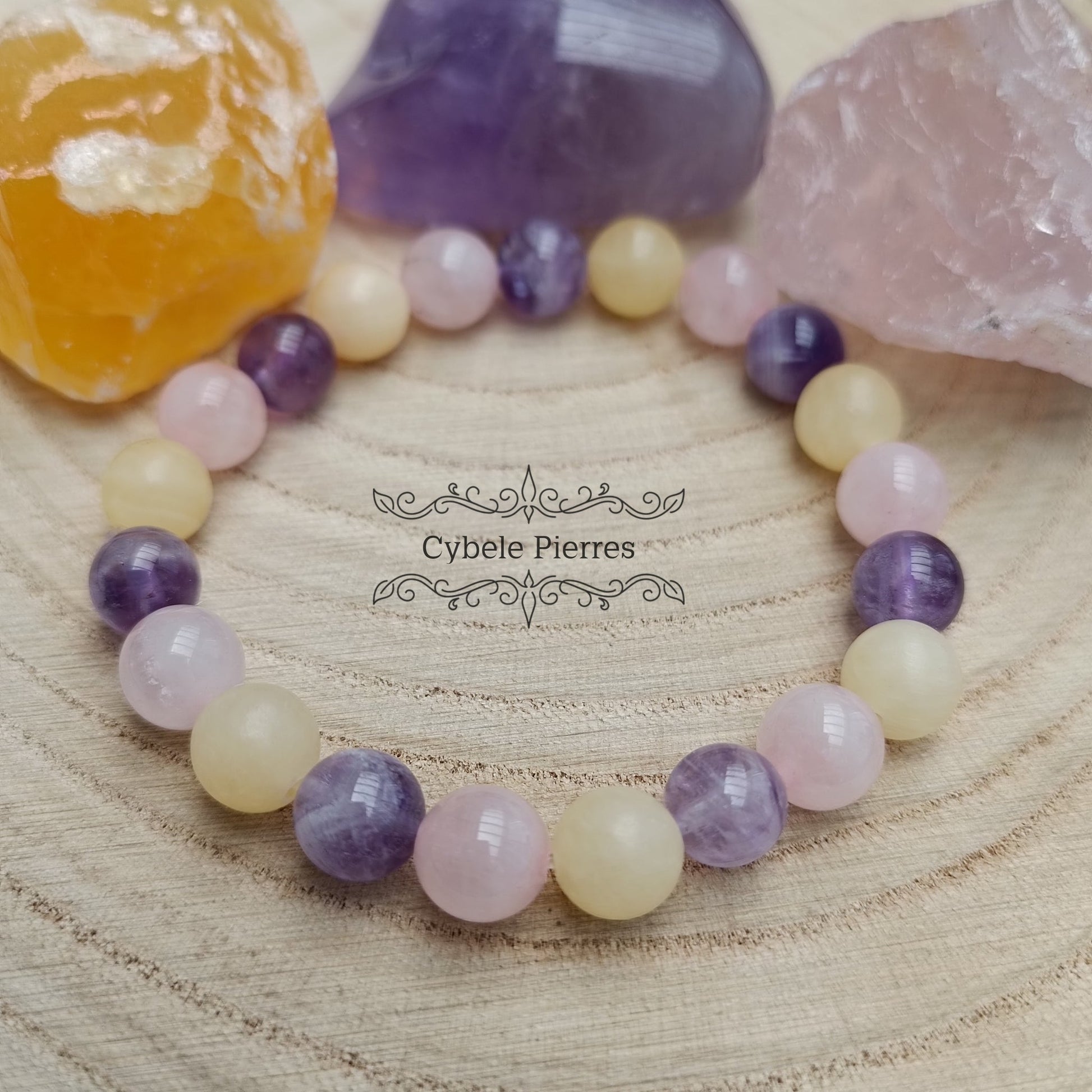 Bracelet Optimisme - Calcite orange, Améthyste et Quartz rose (8mm) - 17cm - Cybele Pierres