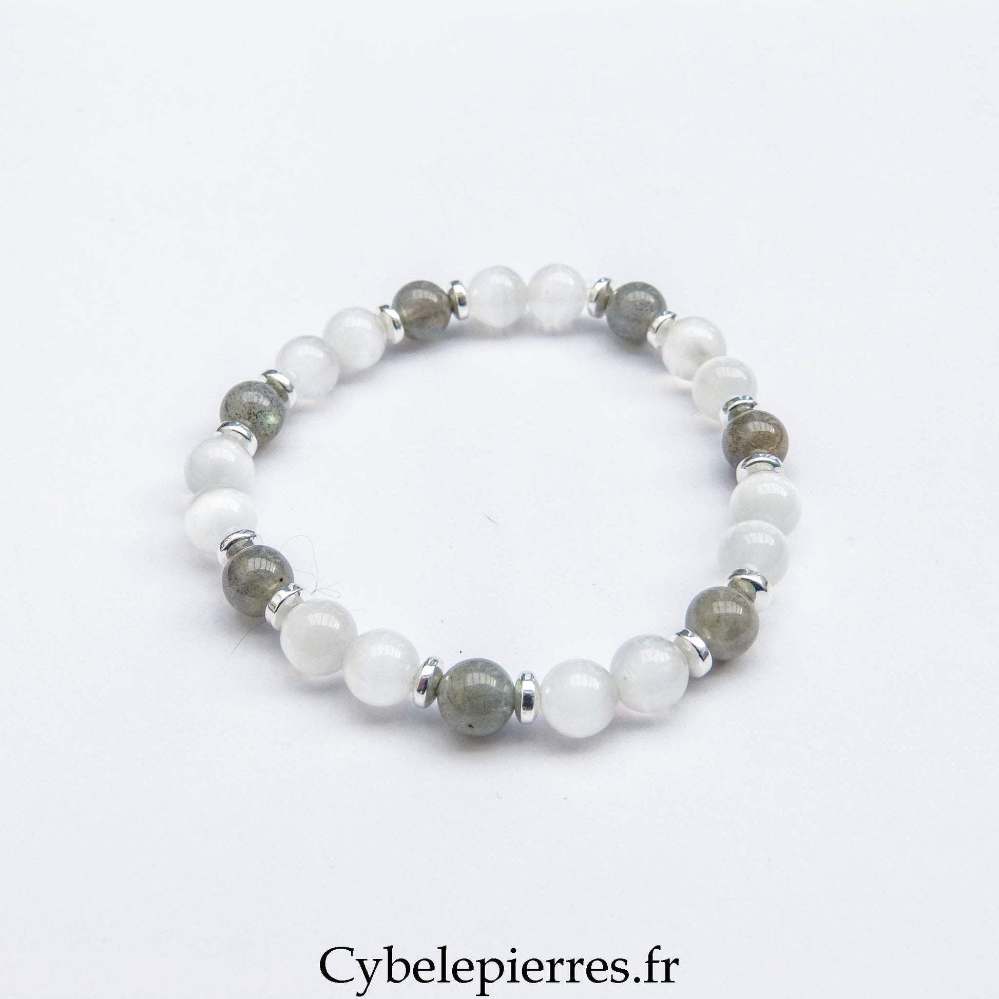 Bracelet "Ours Polaire" - Sélénite et labradorite (6mm) - 17cm - Cybele Pierres