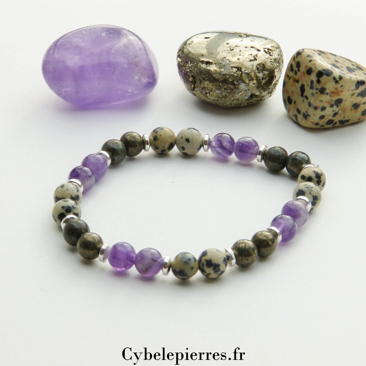 Bracelet Paix Intemporelle - Jaspe Dalmatien, pyrite & Améthyste (6mm) - 18cm - Cybele Pierres