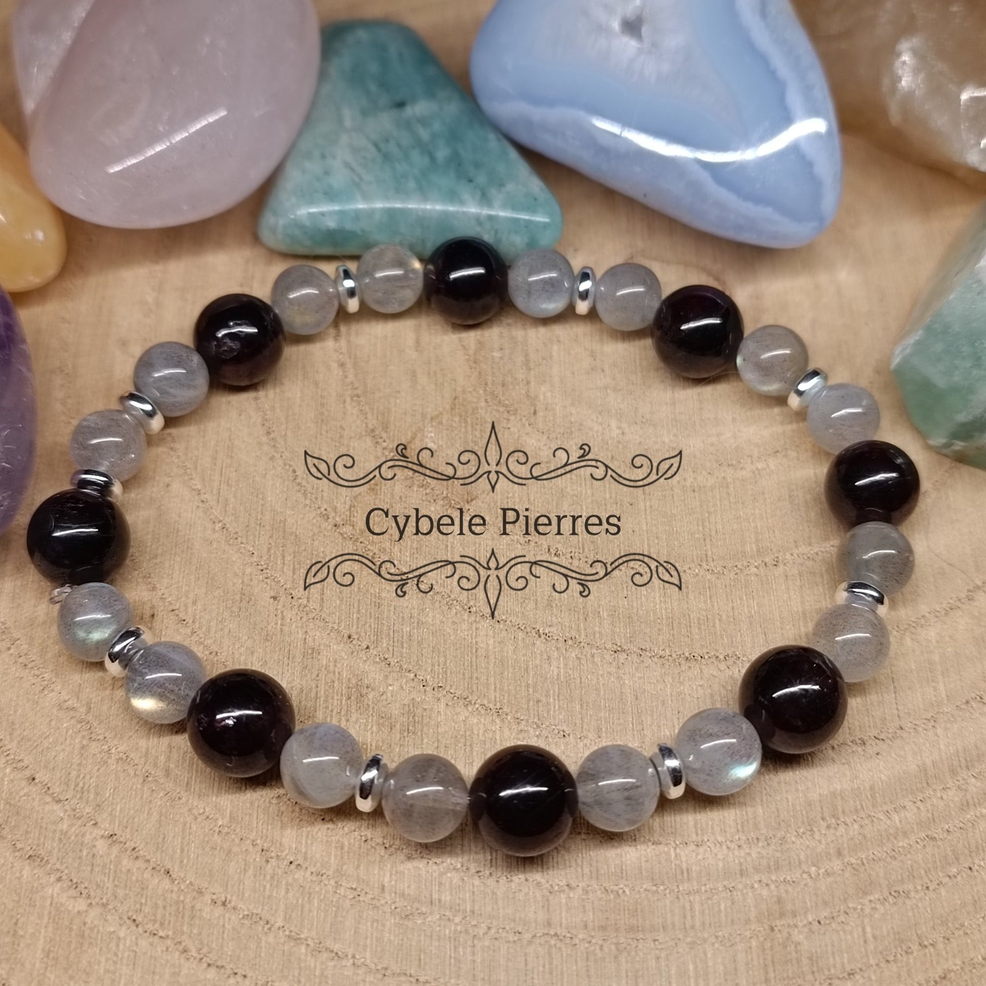 Bracelet Passion et Protection - Labradorite et Grenat (6 et 8mm) - 19cm - Cybele Pierres