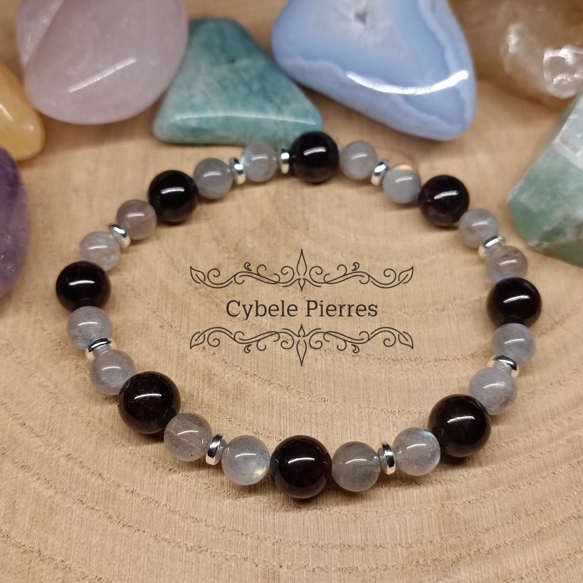 Bracelet Passion et Protection - Labradorite et Grenat (6 et 8mm) - 19cm - Cybele Pierres