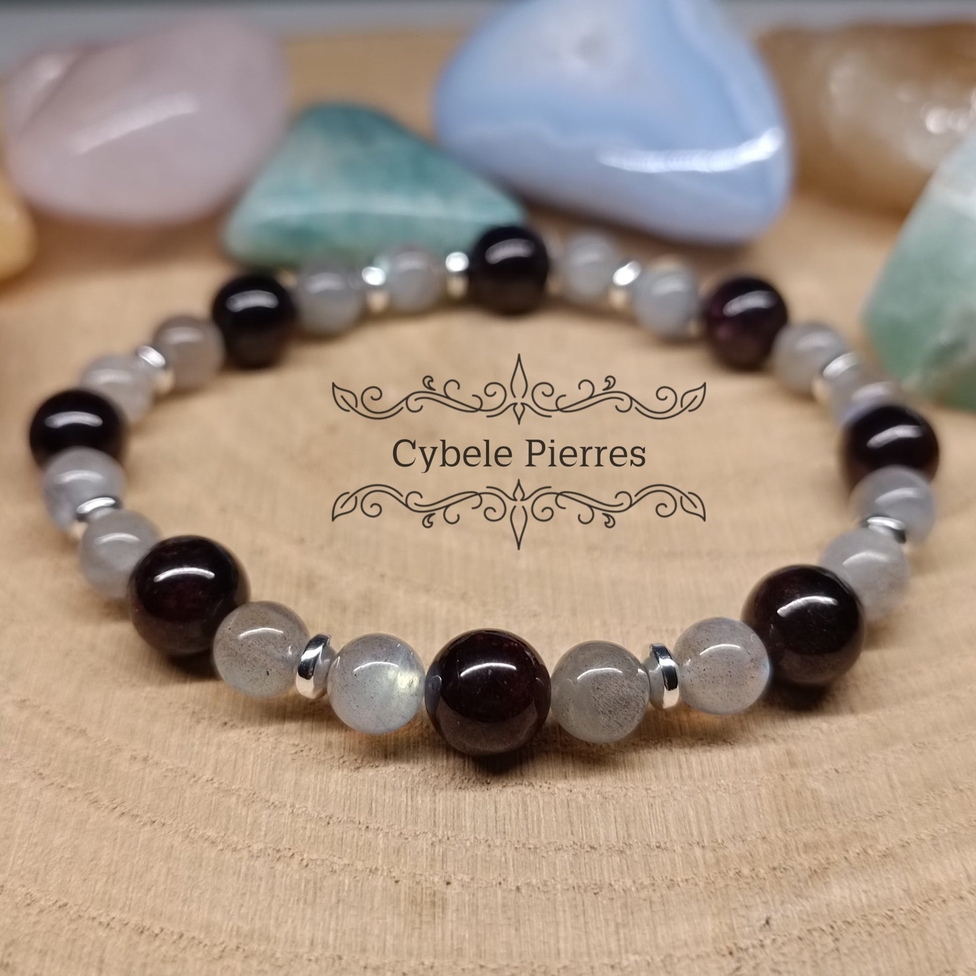 Bracelet Passion et Protection - Labradorite et Grenat (6 et 8mm) - 19cm - Cybele Pierres