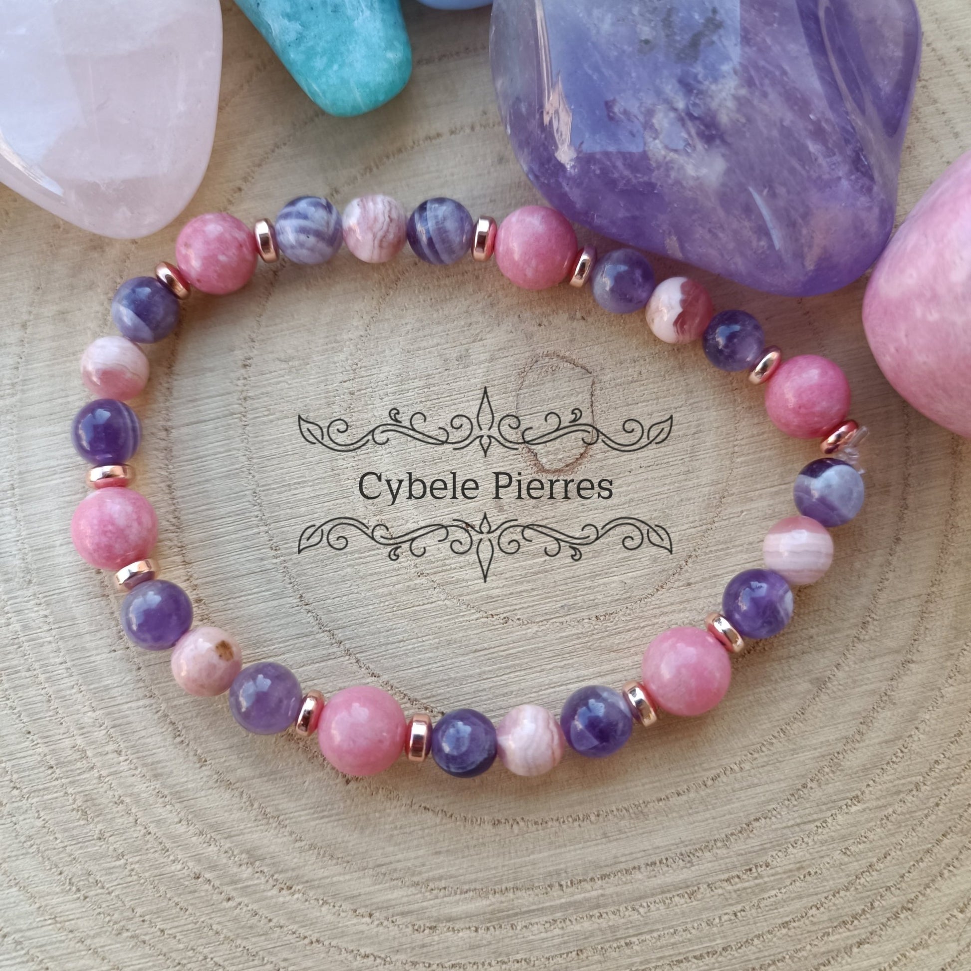 Bracelet Passionné - Thulite, Rhodochrosite et Améthyste (6 et 8mm) - 18cm - Cybele Pierres