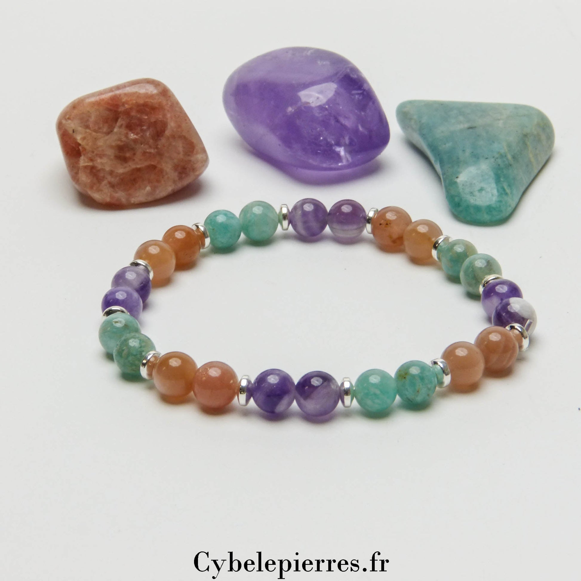 Bracelet Pastel - Amazonite, Pierre de Soleil et Améthyste (6mm) - 17cm | Harmonie et Énergie - Cybele Pierres
