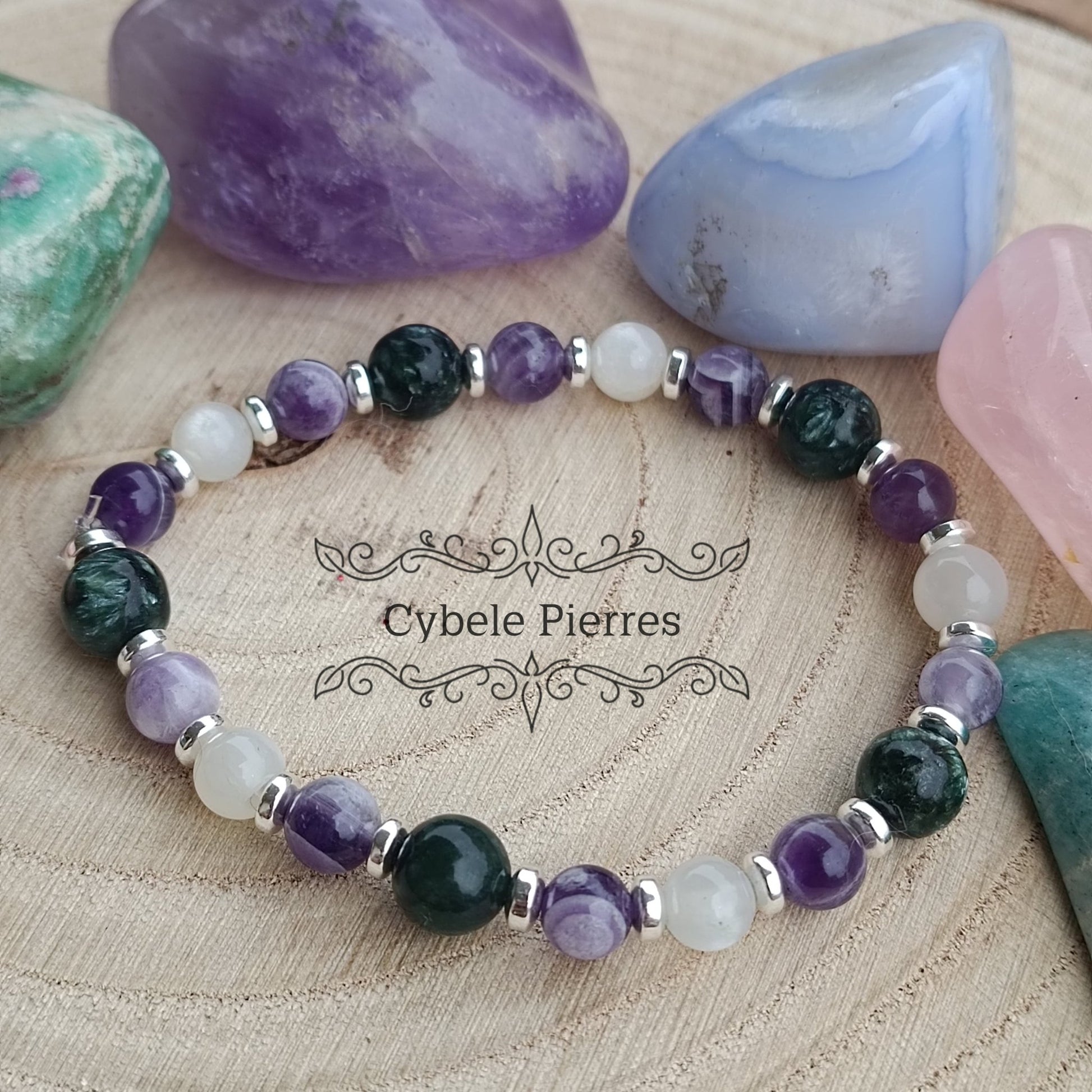 Bracelet Patience éternelle - Séraphinite, Améthyste et Pierre de lune blanche (6 et 8mm) - 17cm - Cybele Pierres