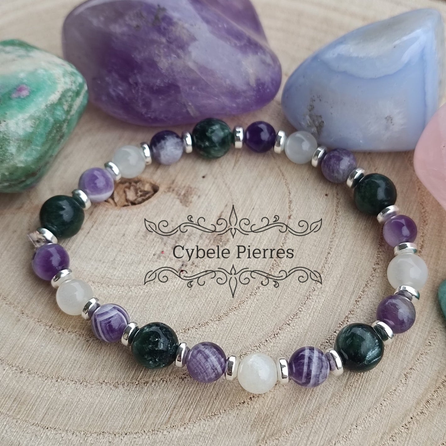 Bracelet Patience éternelle - Séraphinite, Améthyste et Pierre de lune blanche (6 et 8mm) - 17cm - Cybele Pierres