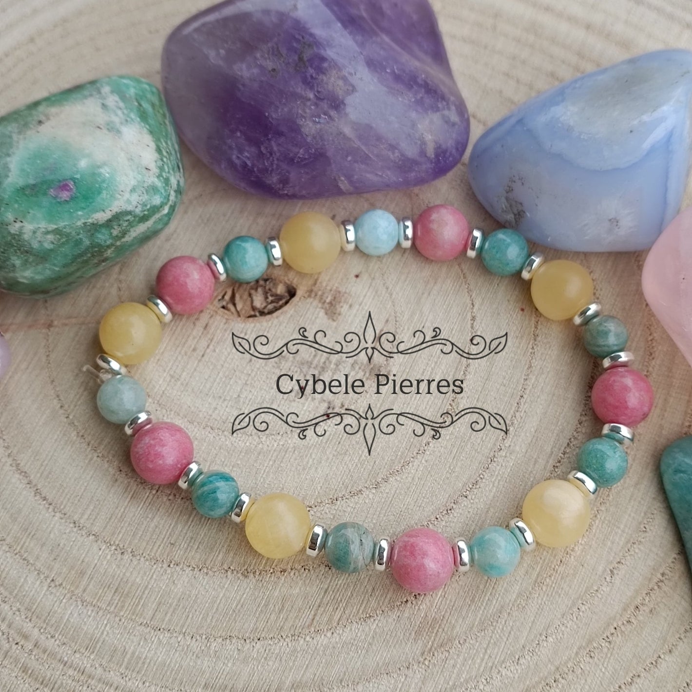 Bracelet Pep's - Amazonite, Calcite orange et Thulite (6 et 8mm) - 18cm - Cybele Pierres