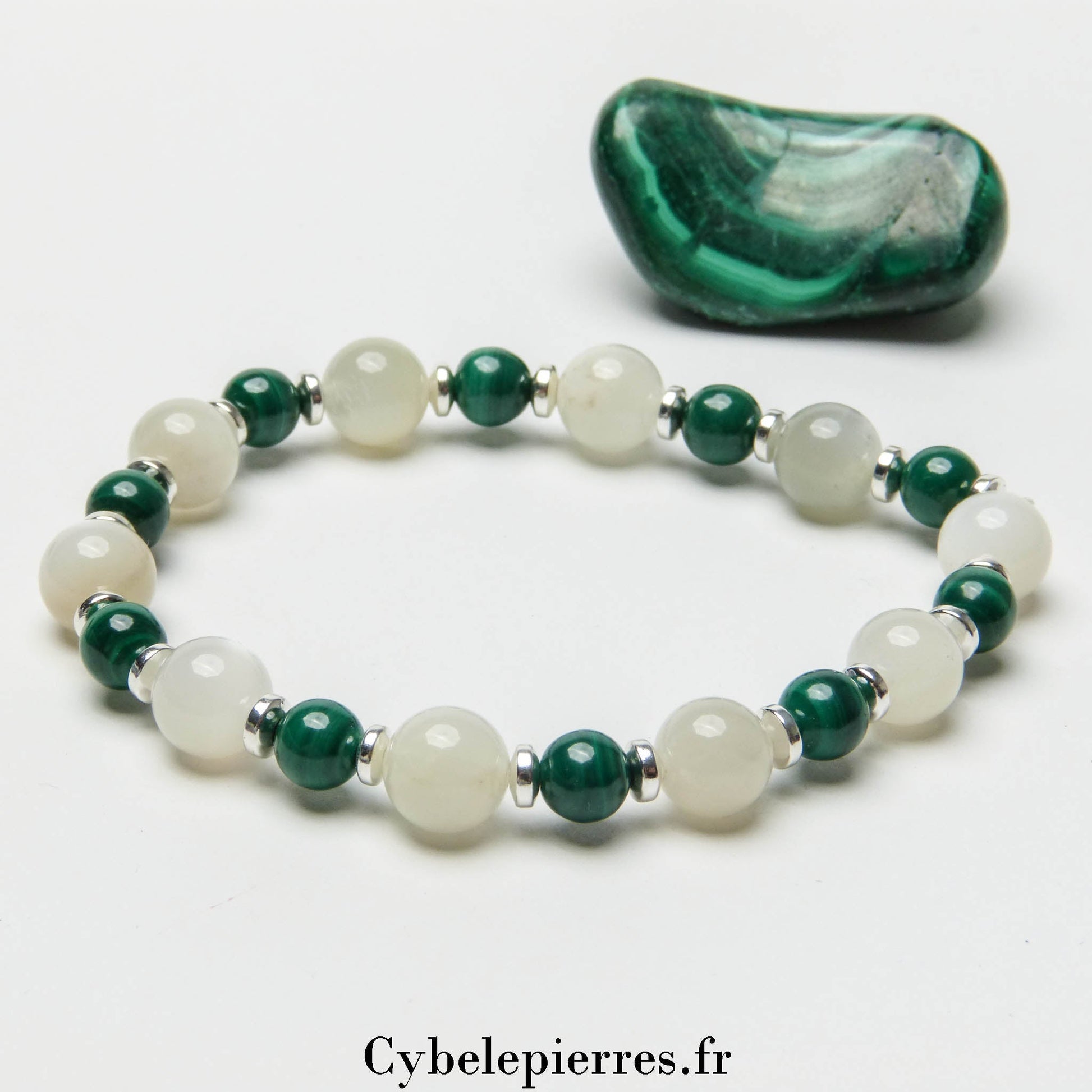 Bracelet Pierre de Lune Blanche et Malachite (6 et 8mm) - 18cm | Clarté et Transformation - Cybele Pierres