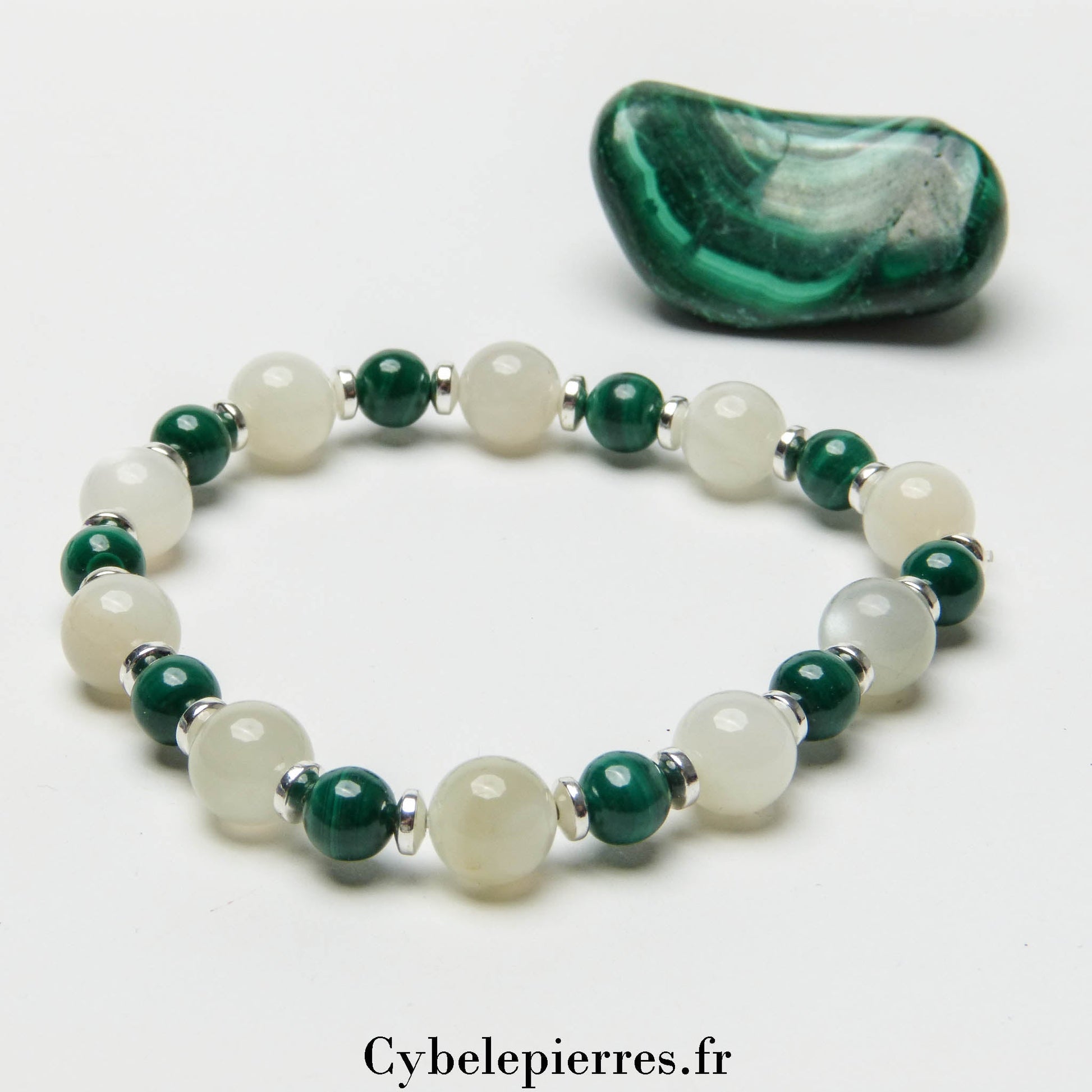 Bracelet Pierre de Lune Blanche et Malachite (6 et 8mm) - 18cm | Clarté et Transformation - Cybele Pierres