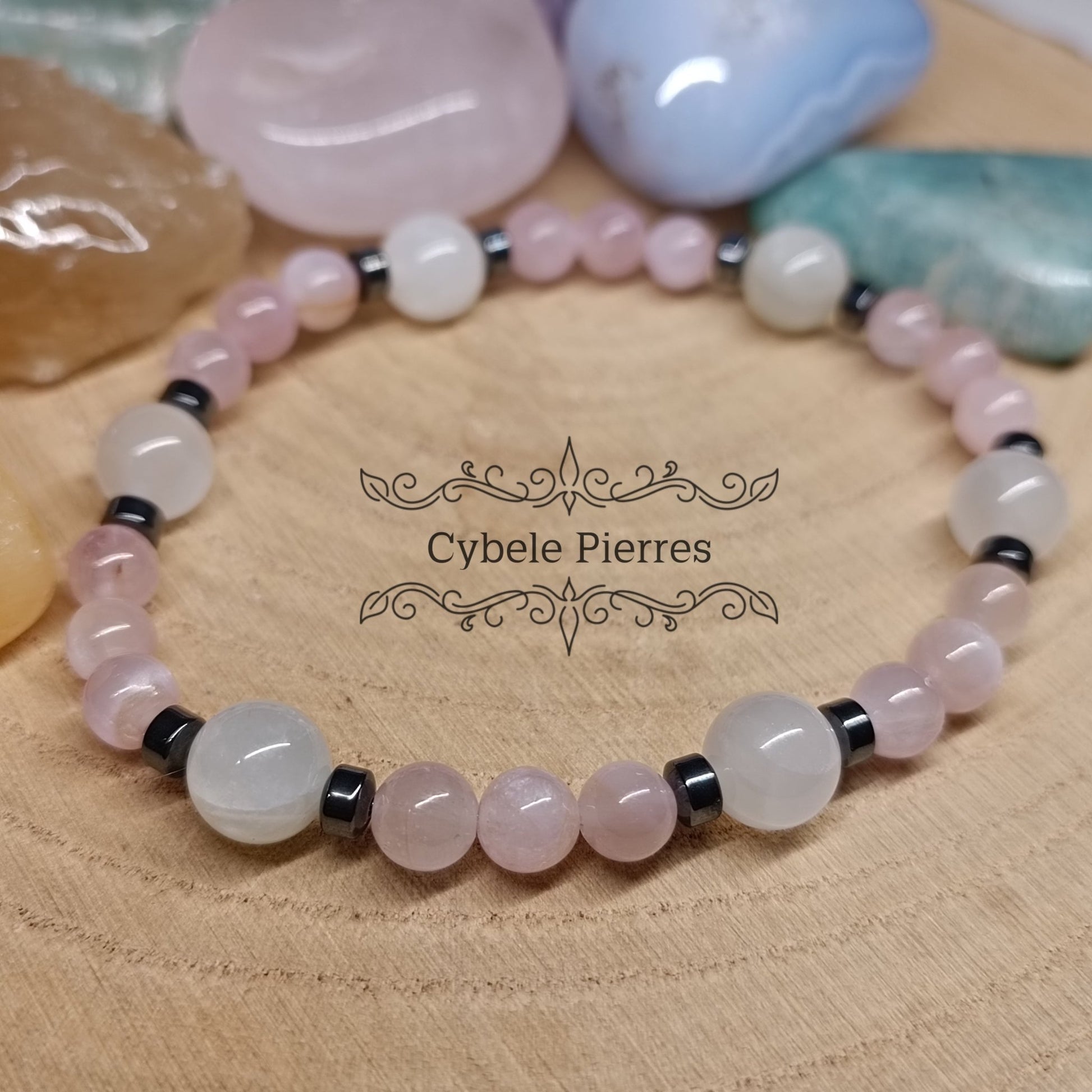 Bracelet Pierre de lune et Kunzite (6 et 8mm) - 19cm - Cybele Pierres
