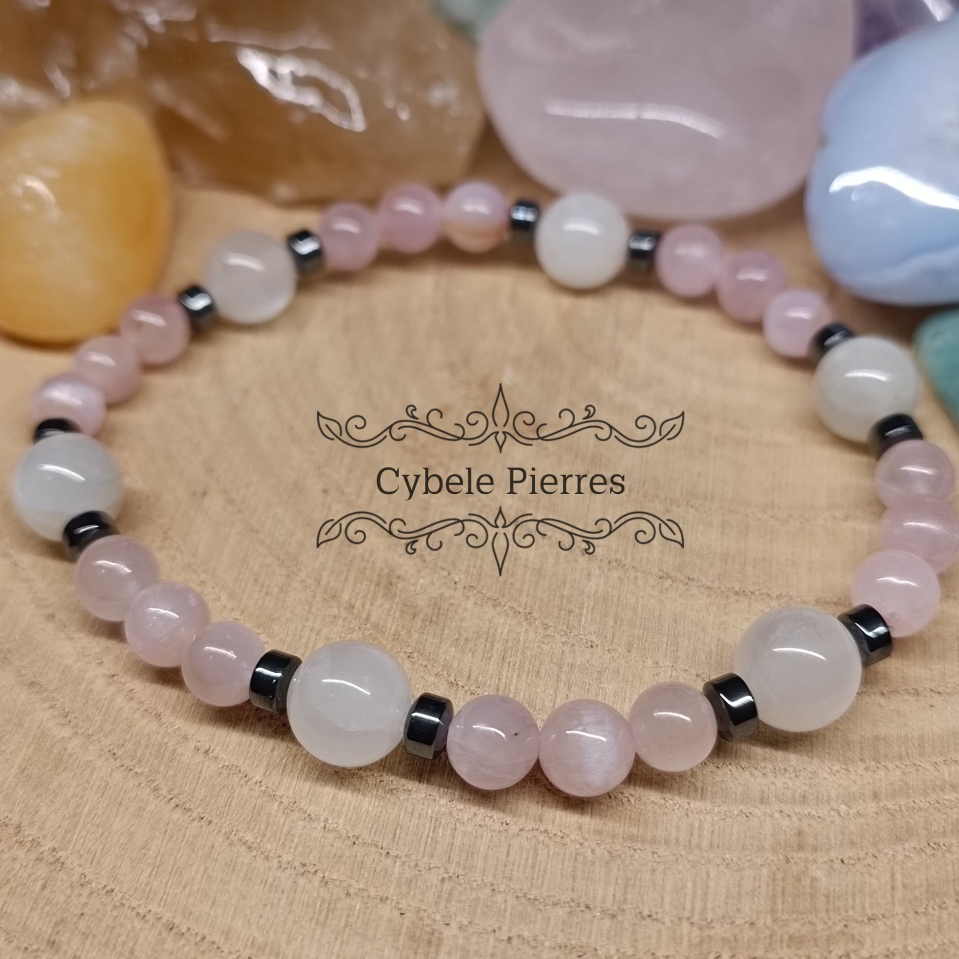 Bracelet Pierre de lune et Kunzite (6 et 8mm) - 19cm - Cybele Pierres