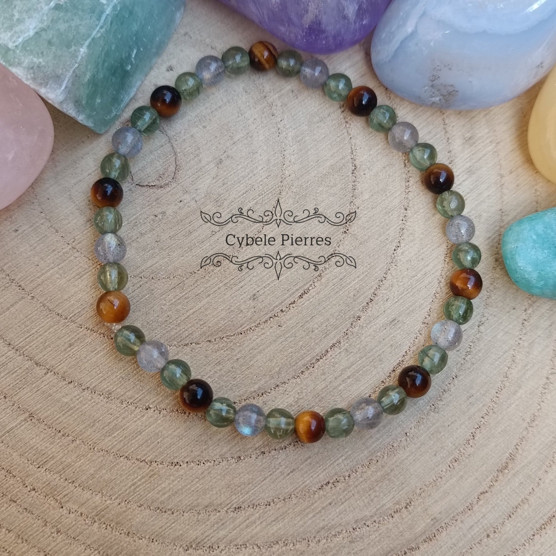 Bracelet plein de projets - Oeil de tigre, Labradorite , Apatite verte (4mm) - 17cm - Cybele Pierres
