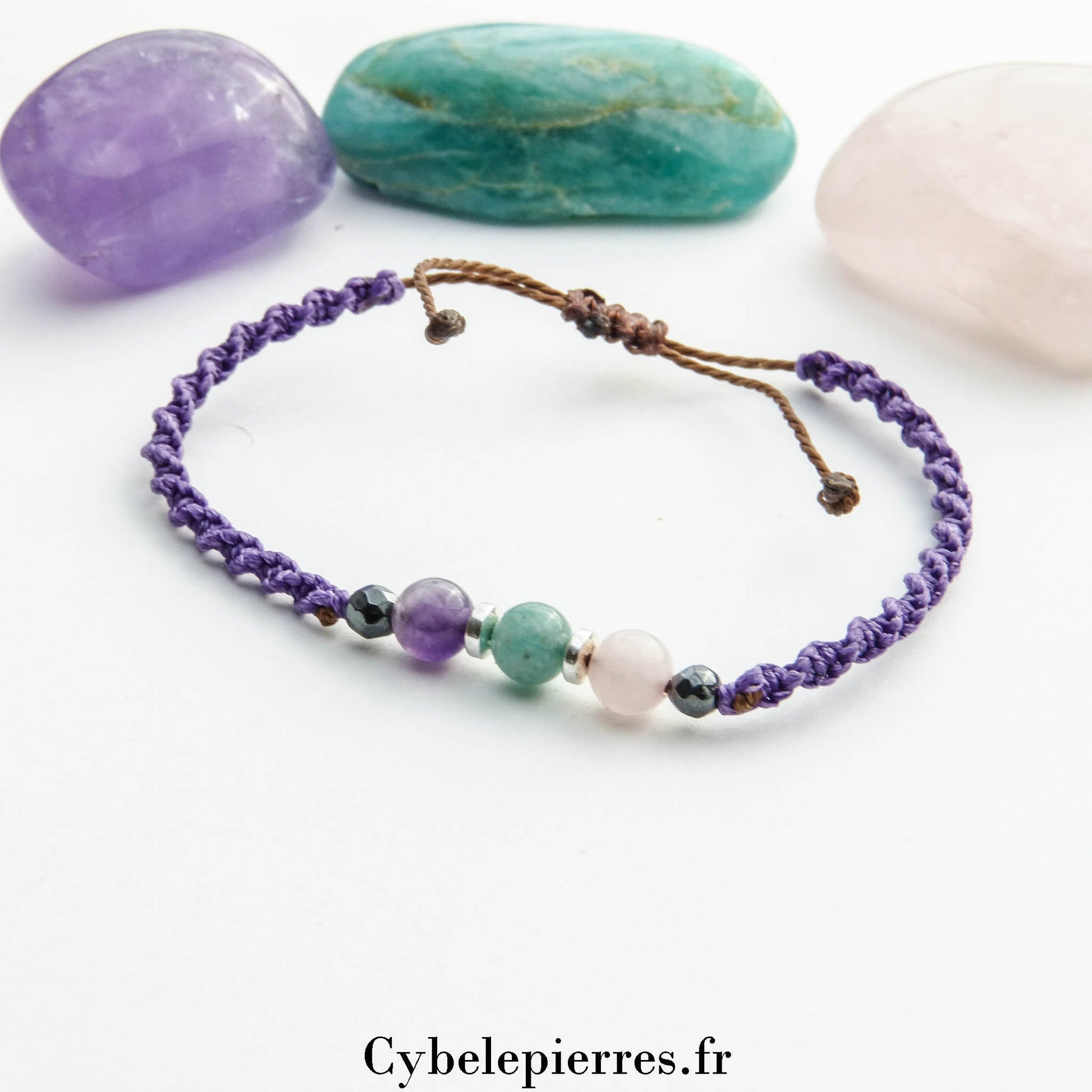 Bracelet Porte - bonheur réglable cordon - Amazonite, Améthyste et Quartz rose (6mm) - Cybele Pierres