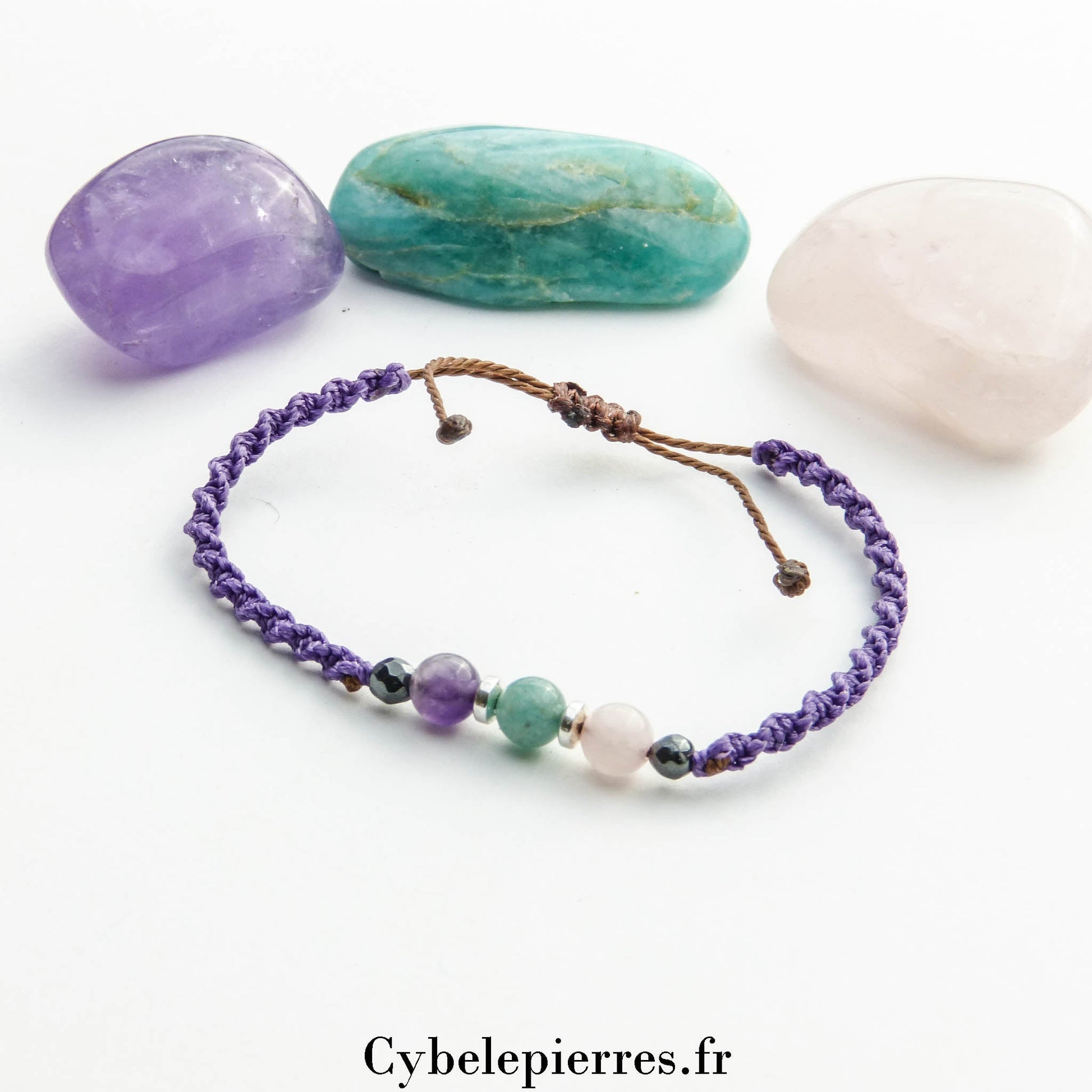 Bracelet Porte - bonheur réglable cordon - Amazonite, Améthyste et Quartz rose (6mm) - Cybele Pierres