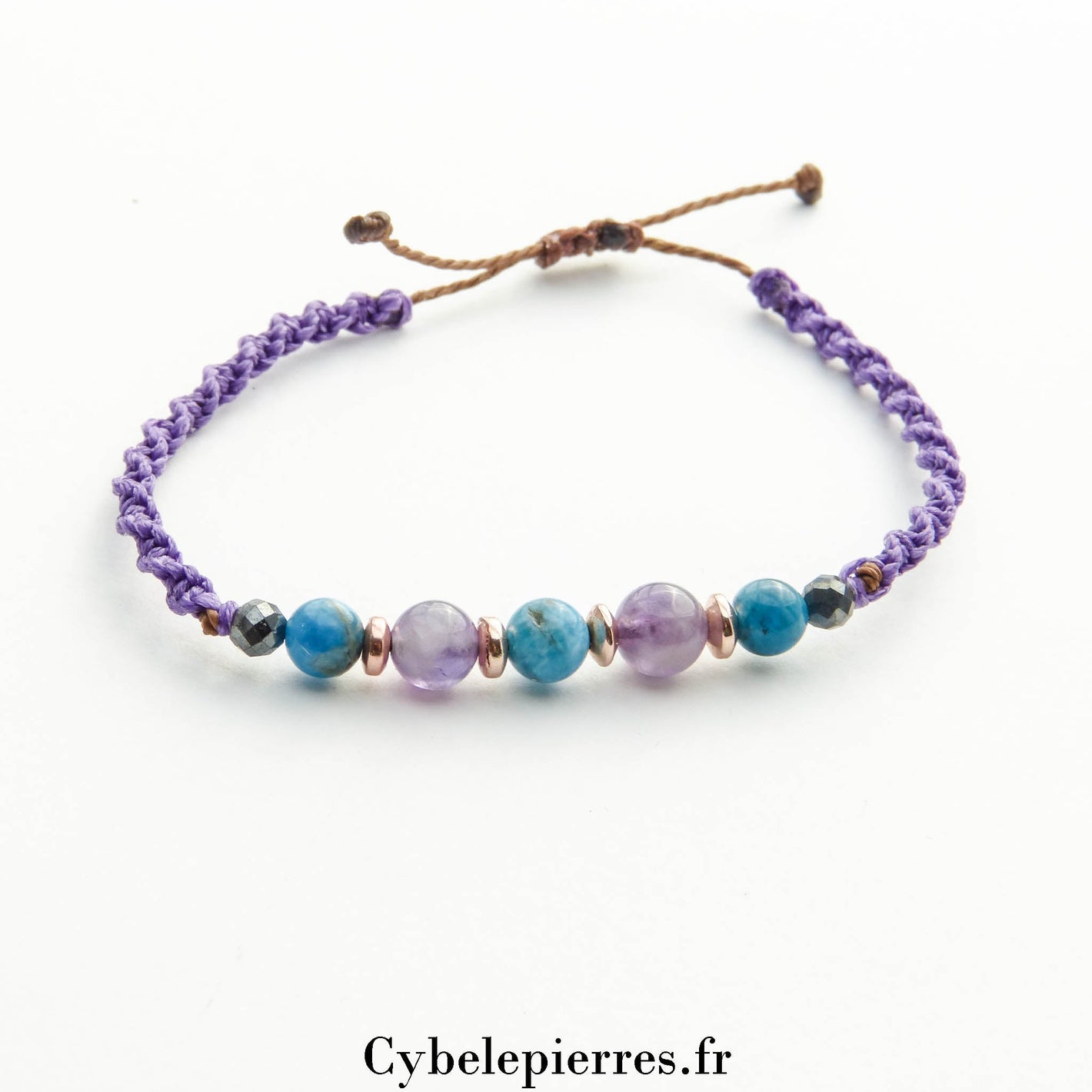 Bracelet Porte - bonheur réglable cordon - Améthyste & Apatite bleue (6mm) - Cybele Pierres