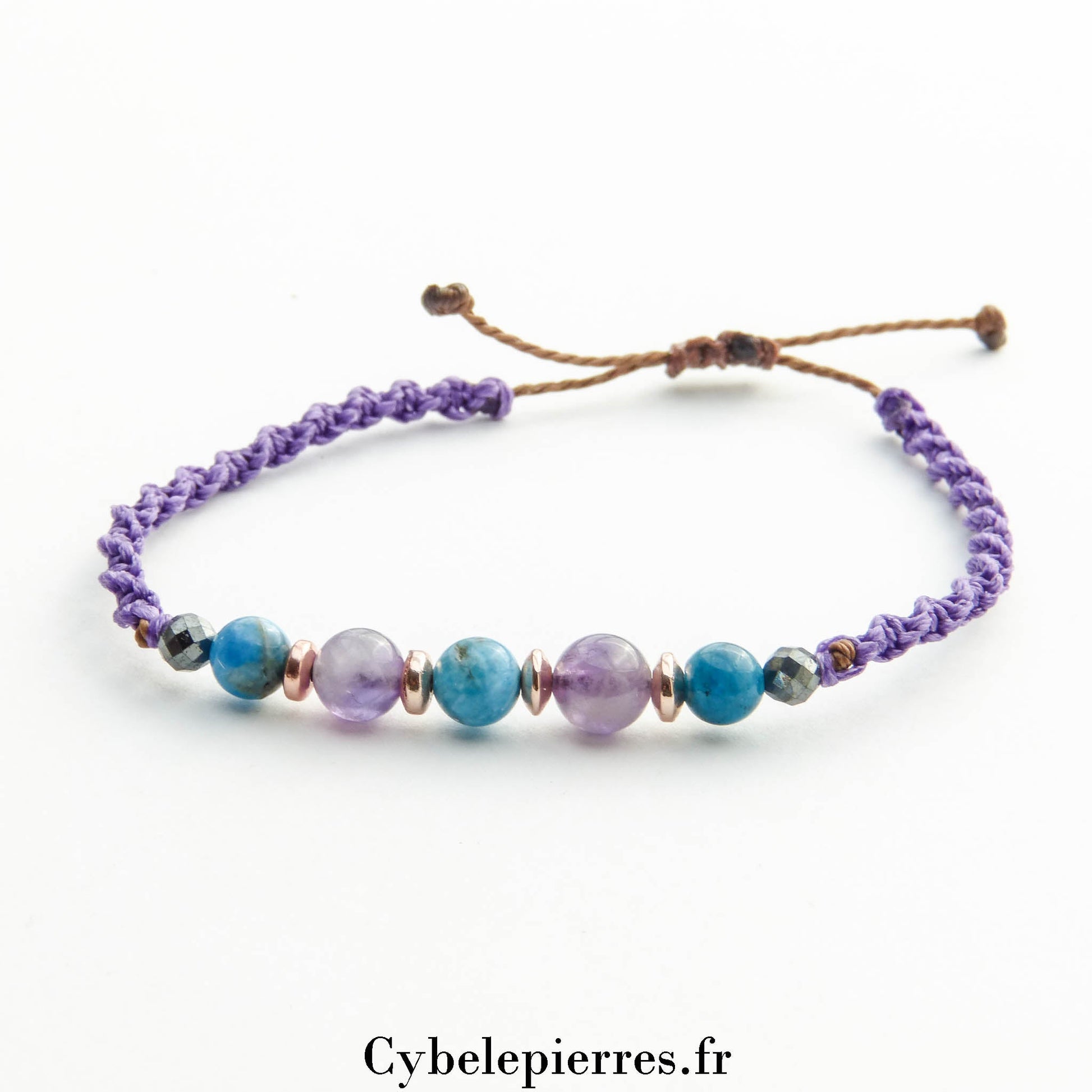 Bracelet Porte - bonheur réglable cordon - Améthyste & Apatite bleue (6mm) - Cybele Pierres